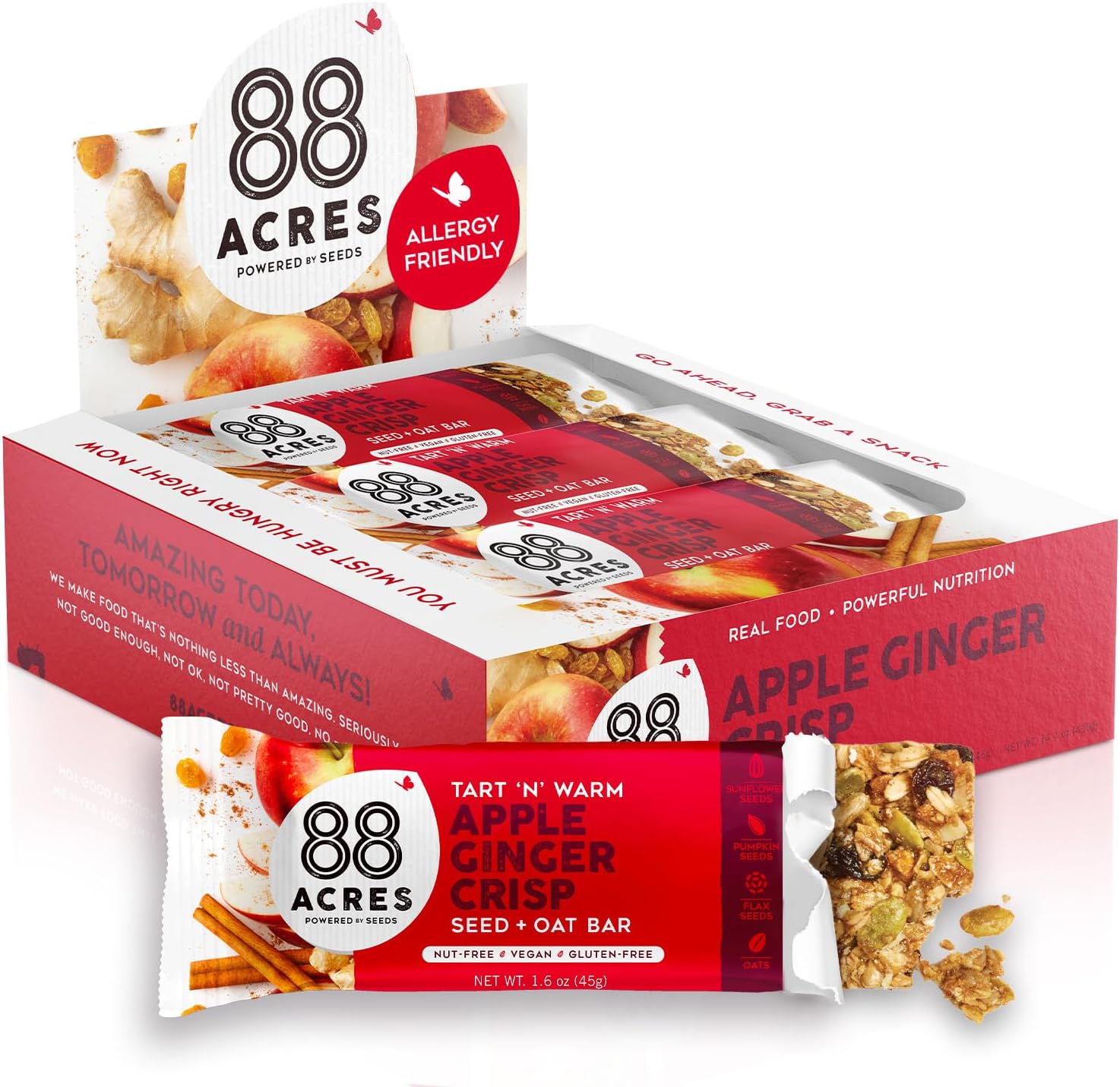 Granola Bars, Apple Ginger Crisp, 12 Count, School Safe, Allergen Free Seed & Oat Snack Bar, Gluten & Nut Free, Vegan, Non-GMO & Kosher, Individually Wrapped