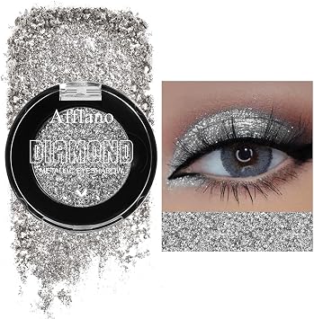 Afflano Silver Glitter Eyeshadow Super Pigmented, Intense Color Gray Silver Eyeshadow Palette Single, Long Lasting Sparkle Shimmer Metallic Glitter Eyes Look, Blendable Neutral Grey Eye Shadow Makeup