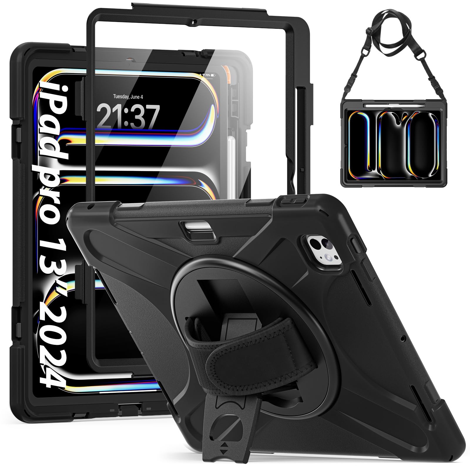 Gerutek Hülle für iPad Pro 13 Zoll (M5/M4) 2025/2024, Stoßfeste für iPad Pro 13 M5/M4 Hülle mit Displayschutz,360°Drehbar Stände Hand-/Schultergurt Stifthalter,Case für iPad Pro 13