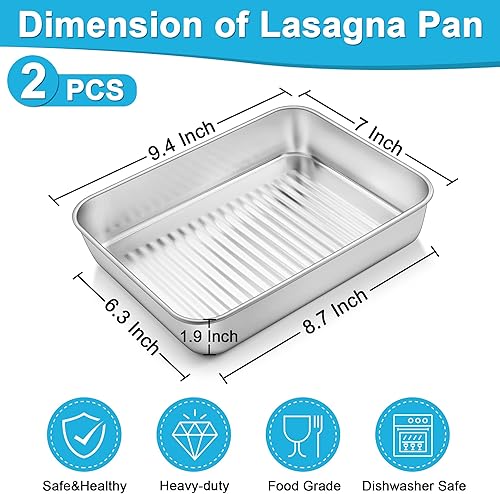 Miniatura 2 de TeamFar Moldes rectangulares para tartas, de acero inoxidable de 9.4 pulgadas, para hornear lasaña para horno tostador, fondo corrugado y superficie