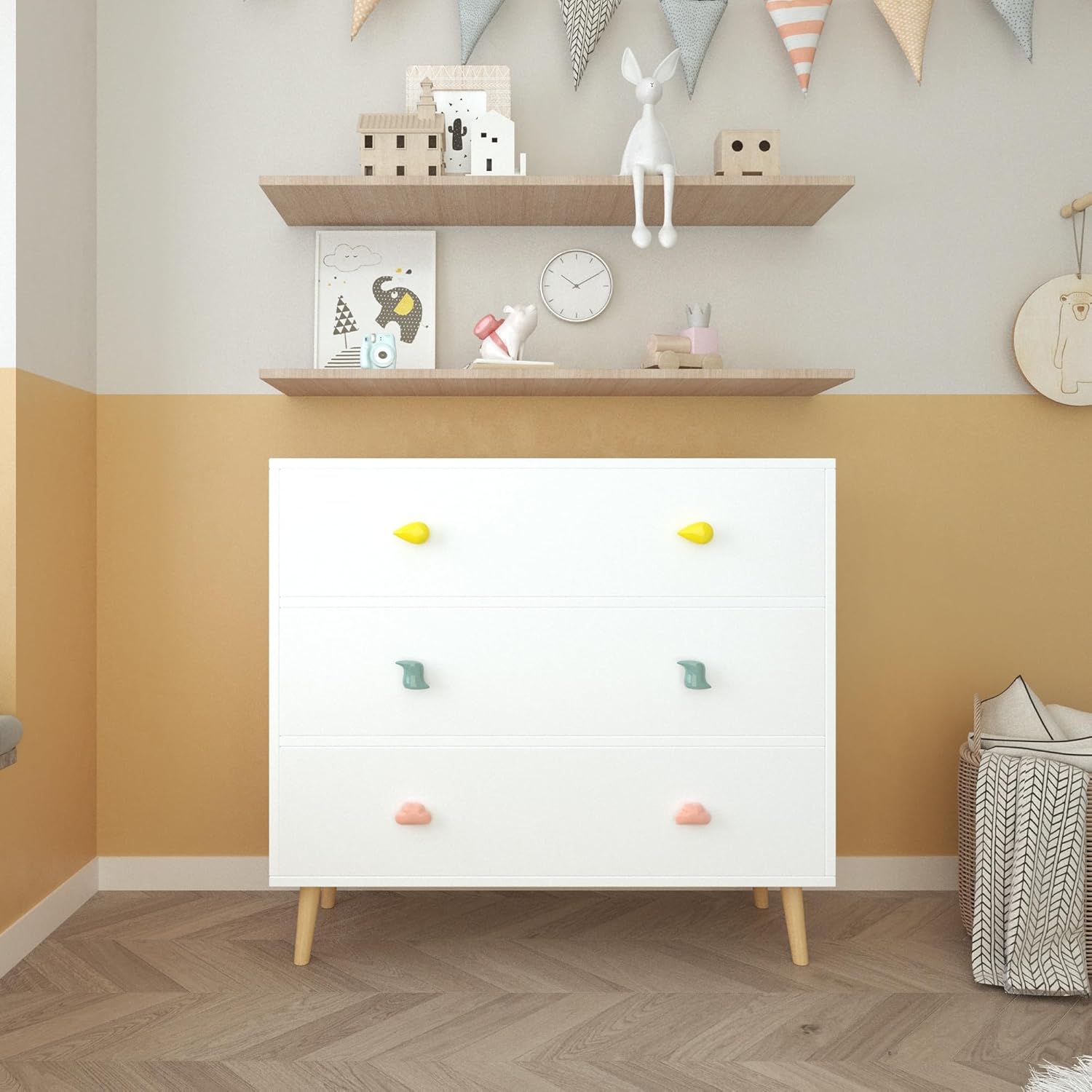Kids 3 Drawer Dresser White Solid Wood & MDF Baby Nightstand for Bedroom Storage Cabinet for Toddler Child in Living Room Toddler Room Nursery Closet Apartment with Anti-Tip Safety Design