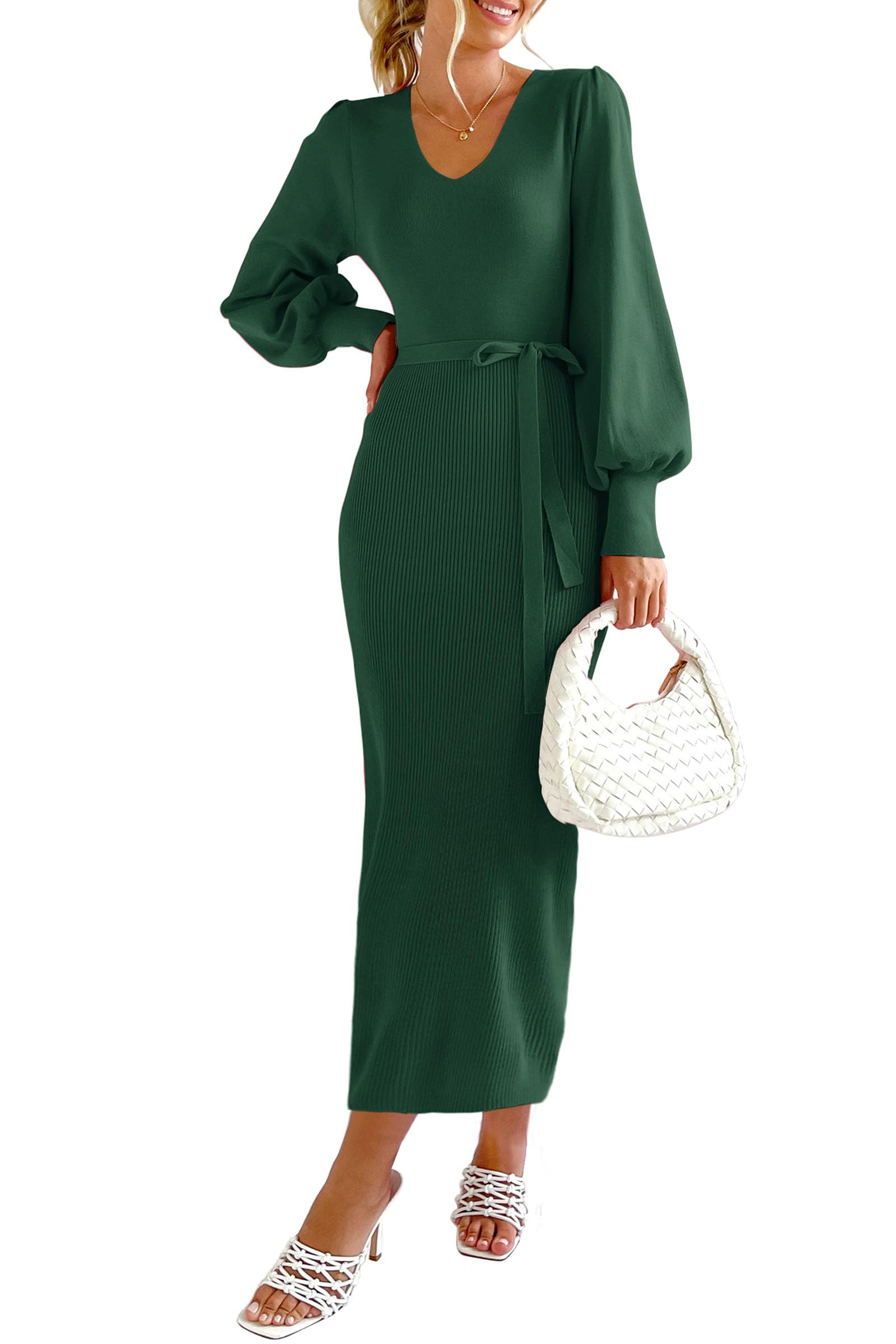 PRETTYGARDENWomen's 2024 Fall Knit Pullover Sweater Elegant Long Lantern Sleeve V Neck Maxi Dress