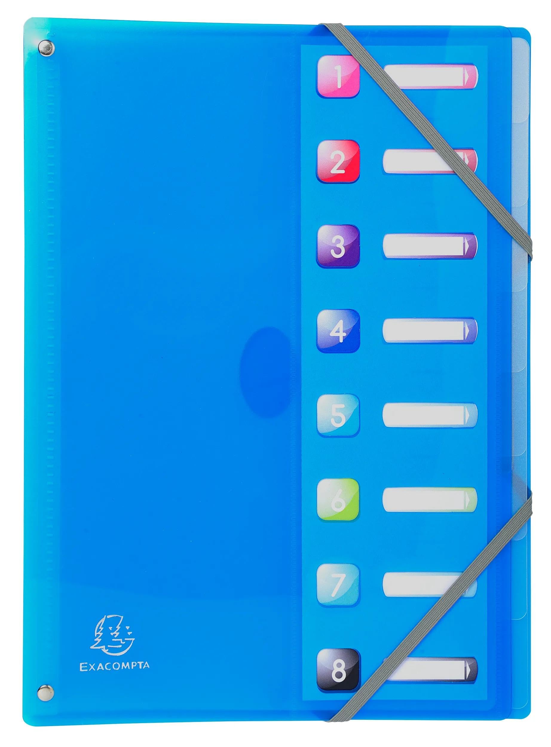Exacompta - Ref. 58680E Iderama PP - Caja de 8 clasificadores, respaldo extensible - con elásticos y ventanas cortadas - de polipropileno, 8 compartimentos - dim 24 x 32 cm - para A4 - surtidos