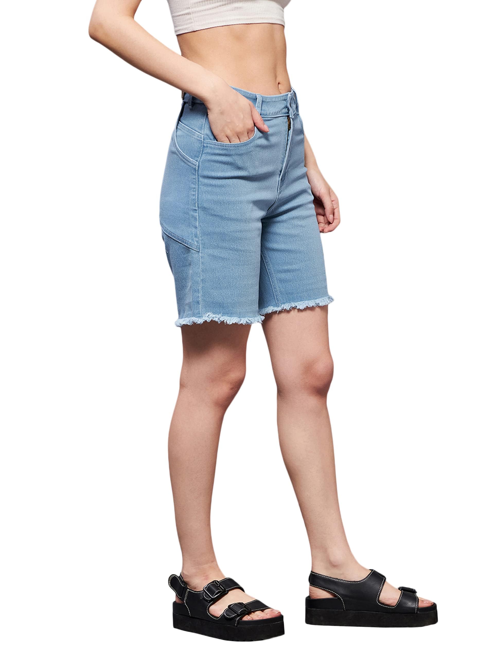 Women's Light Blue Regular High Rise Clean Look Above Knee Stretchable Denim Shorts