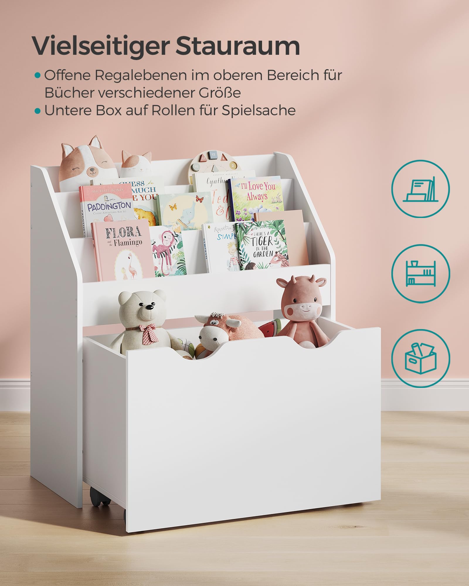 SONGMICS Bücherregal Kinder, 3 Regalebenen, Aufbewahrungsbox auf Rollen, wolkenweiß GKR041W10