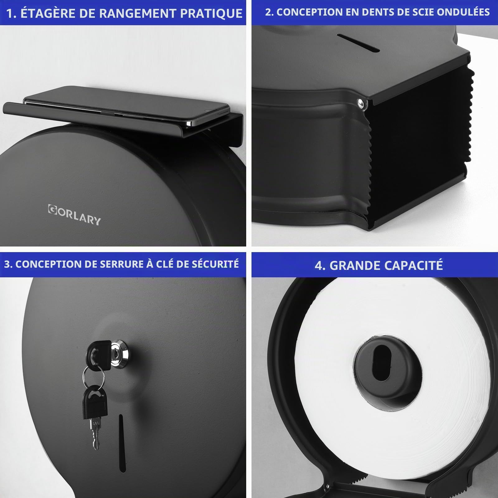 Distributeur de Papier Toilette Jumbo Commercial, Support Mural en Acier Inoxydable, 22,9 cm, Distributeur de Papier Toilette avec clé de Verrouillage (Noir)