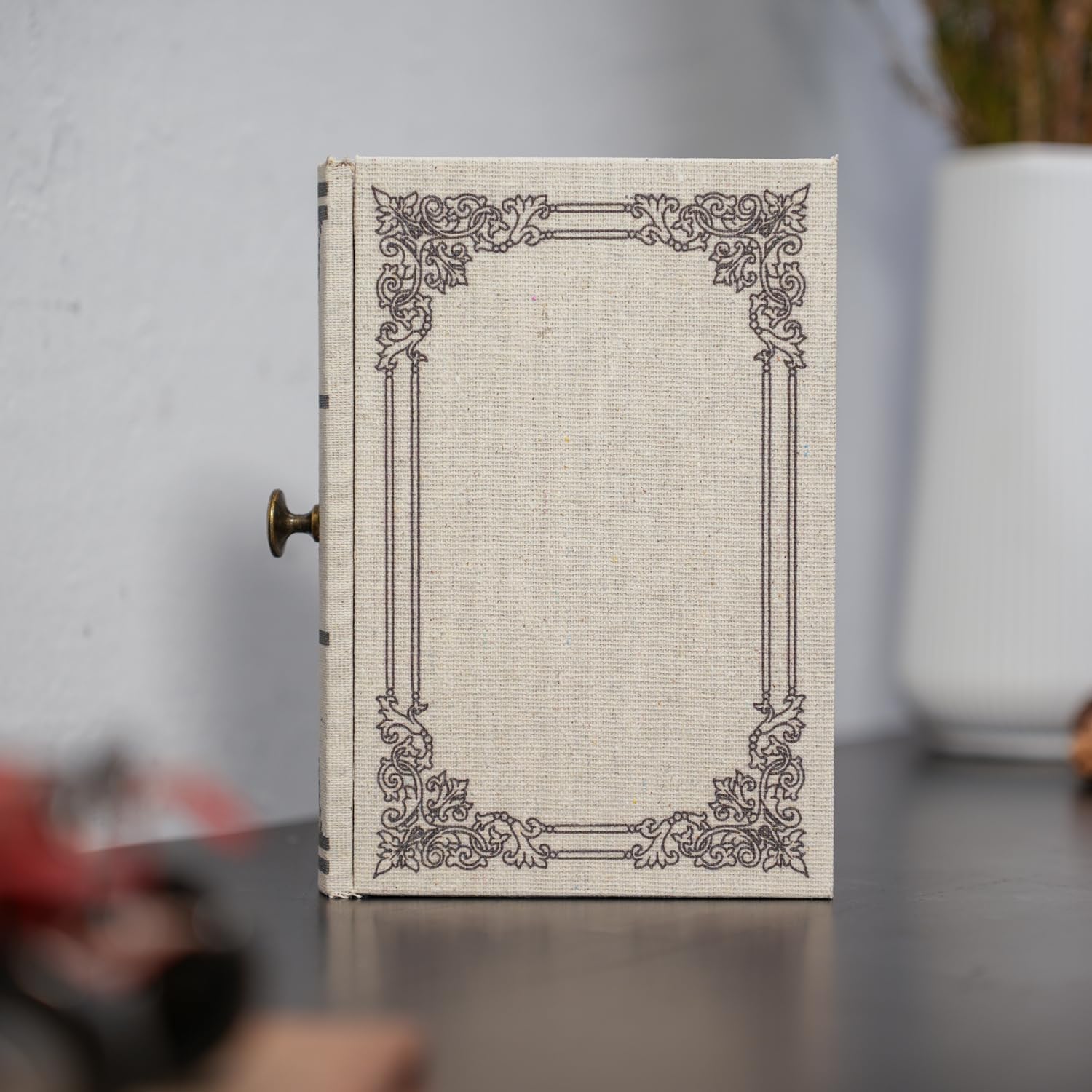 Vintage Book Storage Box with Drawer, Natural Linen-Textured Cover with Classic Frame Pattern, Hidden Organizer for Jewelry, Keepsakes or Desktop Use 11.8″ x 8.7″ x 2.4″
