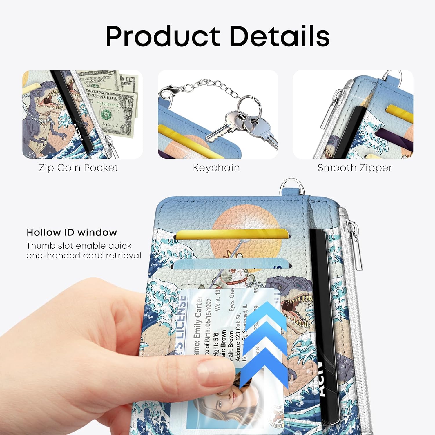 Dinosaur Cat Credit Card Holder Small Wallet for Women, Slim RFID Wallet Front Pocket with Zipper Coin Pocket, Travel Thin Card Case with ID Window