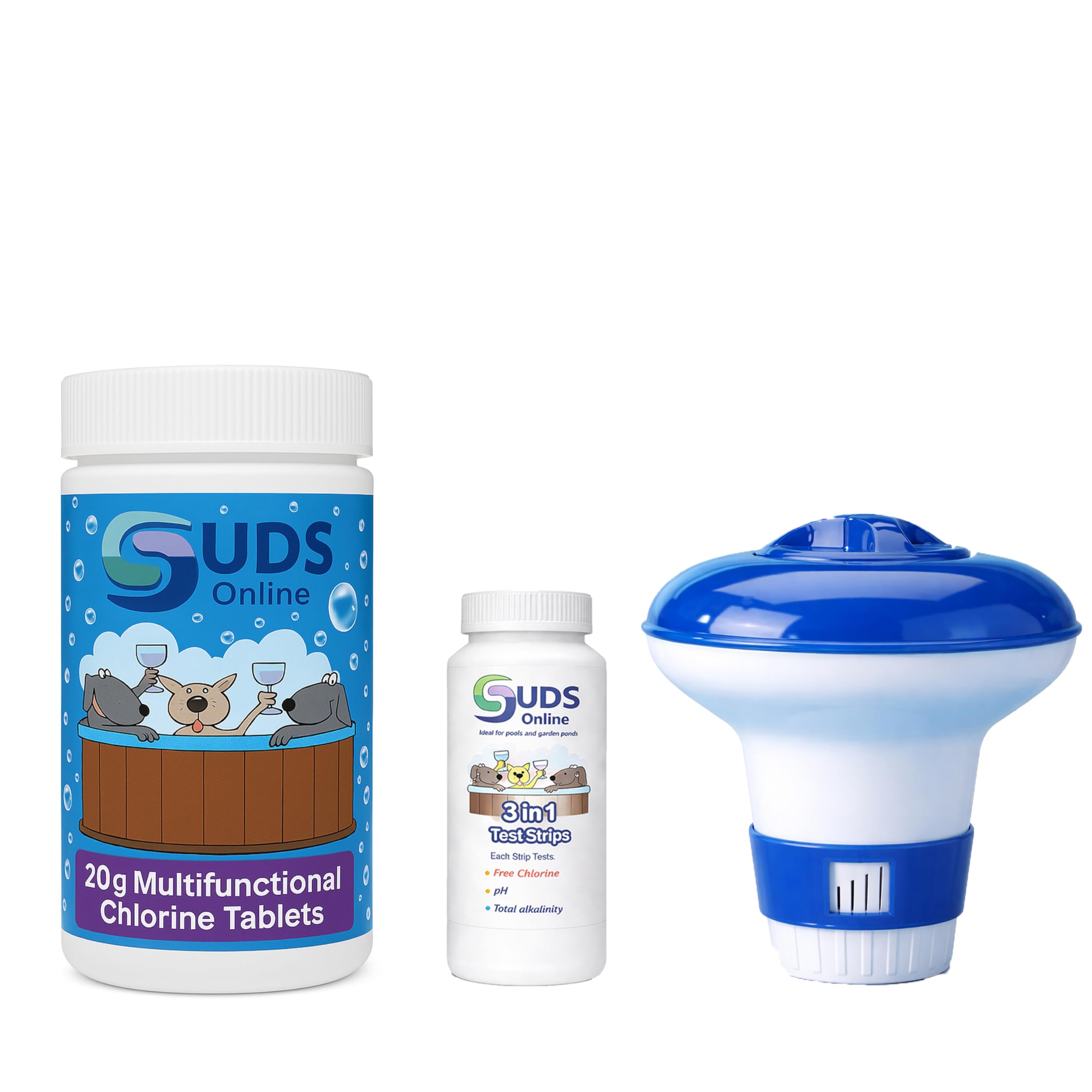 Suds Online 3 in 1 Test Strips And Floating Dispenser With 1 kg Multifunction Chlorine Tablets for Pools and Hot Tubs, White, 50 x 20 g