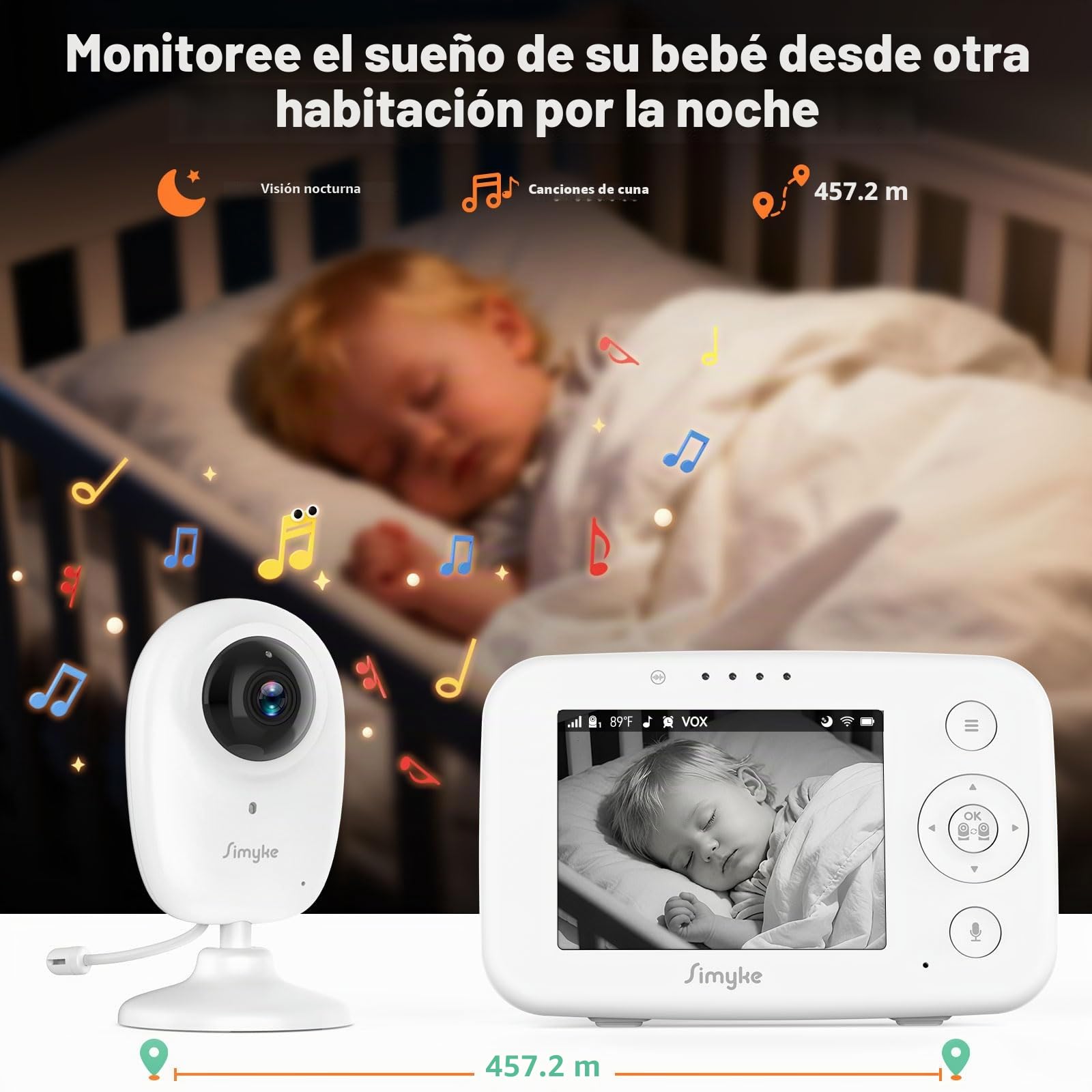 Simyke Monitor de video para bebé con pantalla HD de 3.5 pulgadas, cámara de monitor de bebé de conversación de 2 vías con video y audio HD, visión nocturna, temperatura VOX y monitoreo de bebé de