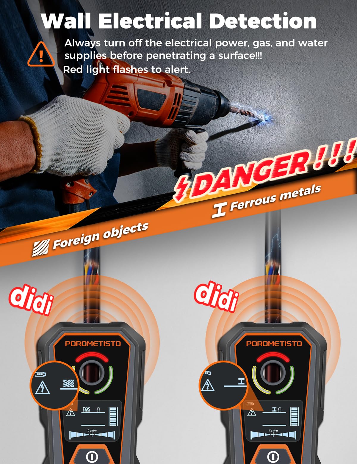 6 en 1 Détecteur Mural Rechargeable,Profondeur de détection 20-120 mm,Détecte Le Métal/Les Tuyaux/Les Tuyaux en Cuivre/Les Fils/Les Objets/Matériaux Magnétiques/Non Magnétiques