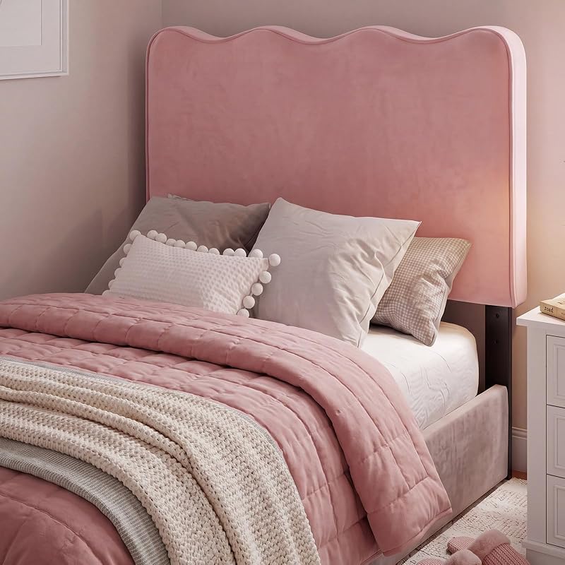 Colingmill Pink Twin Headboard College Dorm 36''x24'' Velvet Scalloped Headboard Twin Size Upholstered Panel Head Board Adjustable Height for Guest Room Bedroom Dorm Bed Easy Assembly Include Hardware