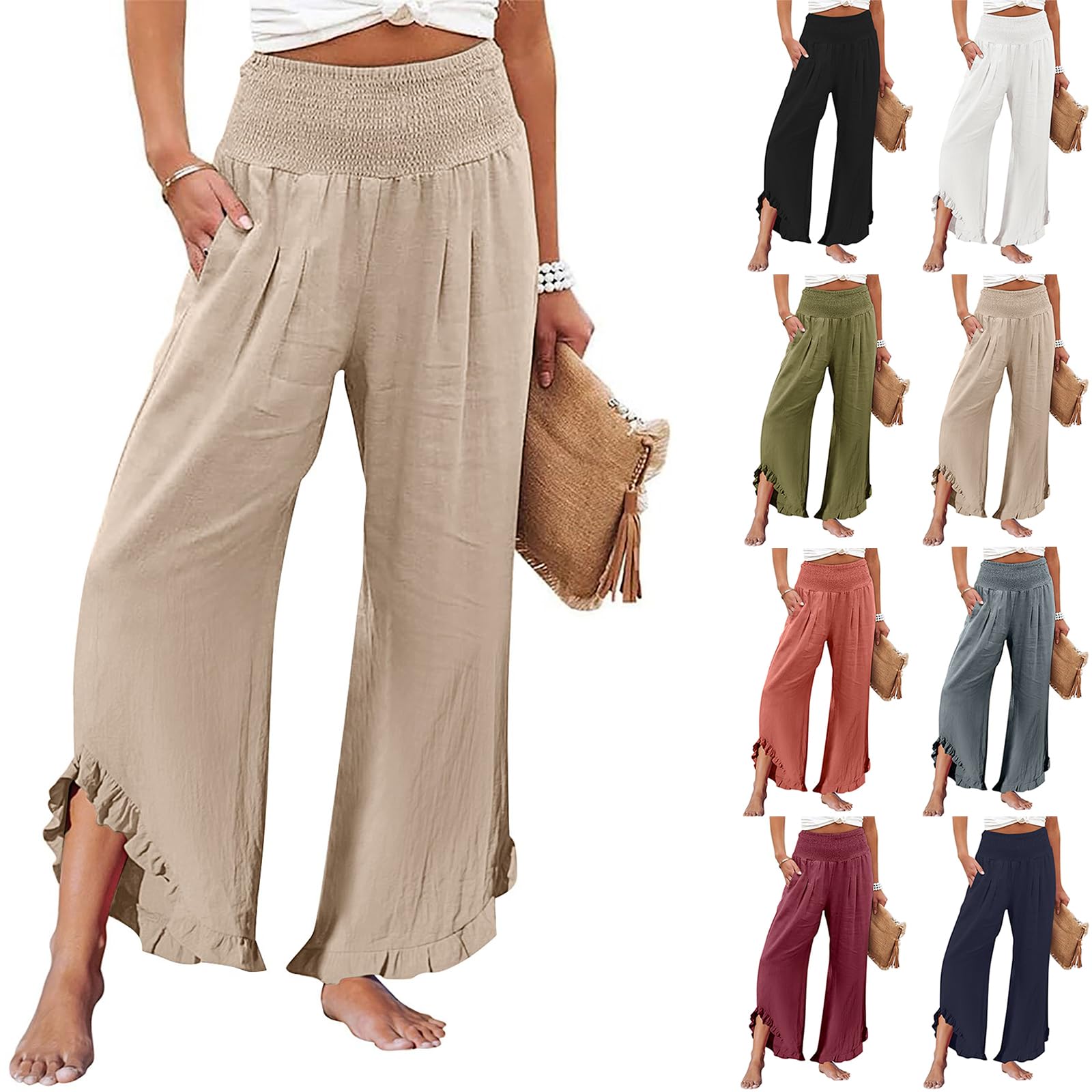 Wide Leg Linen Pants for Women Summer Wide Leg Pants Smocked Waist Ruffle Hem Palazzo Pants Boho Beach Pants with Pockets High Waist Summer Pants Vacation Flowy Lounge Pants Summer Pants For Woman