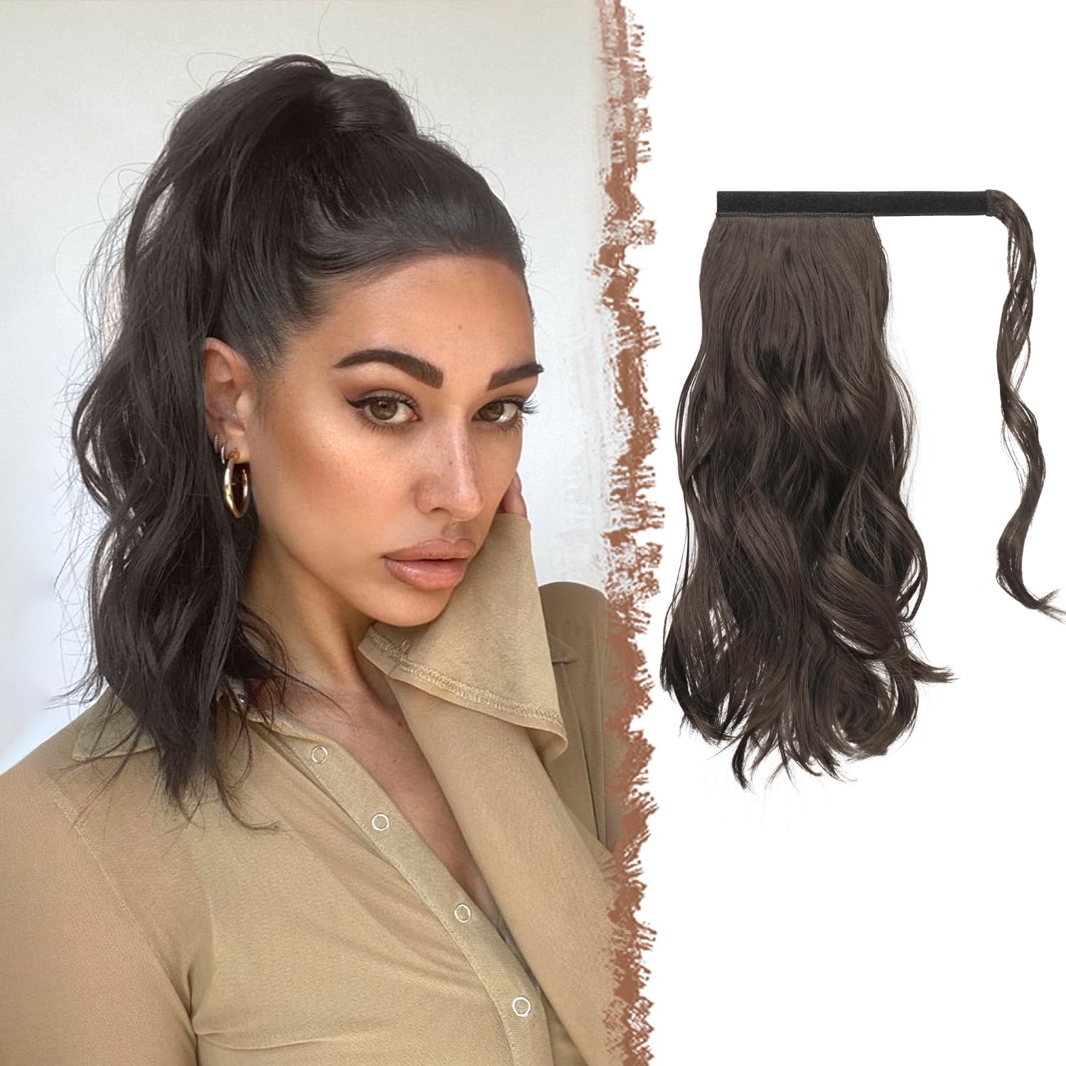 FESHFEN Wavy Ponytail Extension, Natural Curly Wrap Around Ponytails Black Brown Hair Piece Synthetic Long Clip Pony Tail Hairpieces for Women, 14 inch