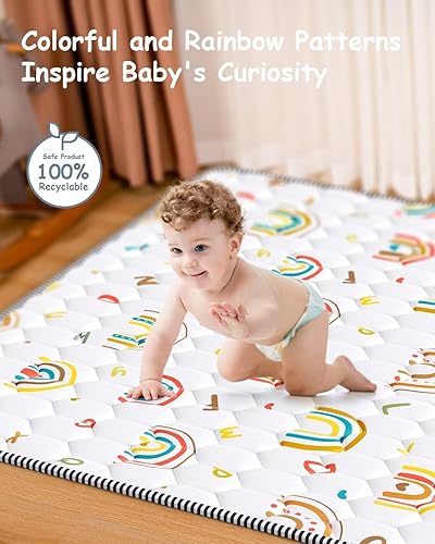 Miniatura 4 de Tapete de juego bohemio para bebé, de 50 x 50 pulgadas, tapete grueso para el suelo del bebé, tapete antideslizante acolchado para gatear, tapete de