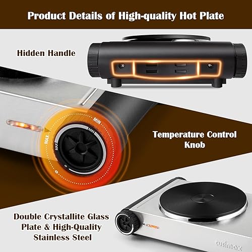 Miniatura 2 de Cusimax Placa caliente, 1800 W, quemador doble para encimera eléctrica, estufa de hierro fundido, mango oculto, controles de temperatura, compatible