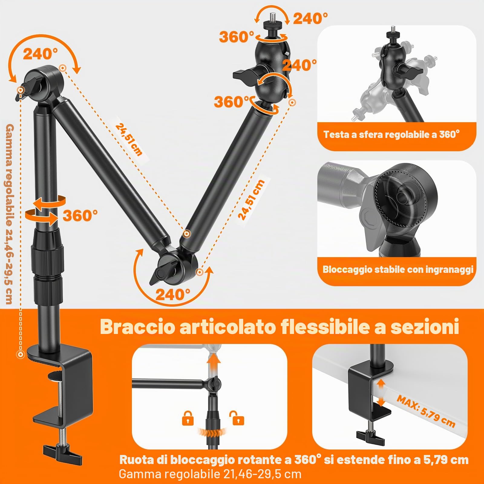 Supporto per Fotocamera da Tavolo, Treppiede Supporto da Scrivania per Fotocamera con Vite da 1/4", Supporto per Proiettore Girevole a 360° per Fotocamera DSLR, Anello di Luce, Proiettore