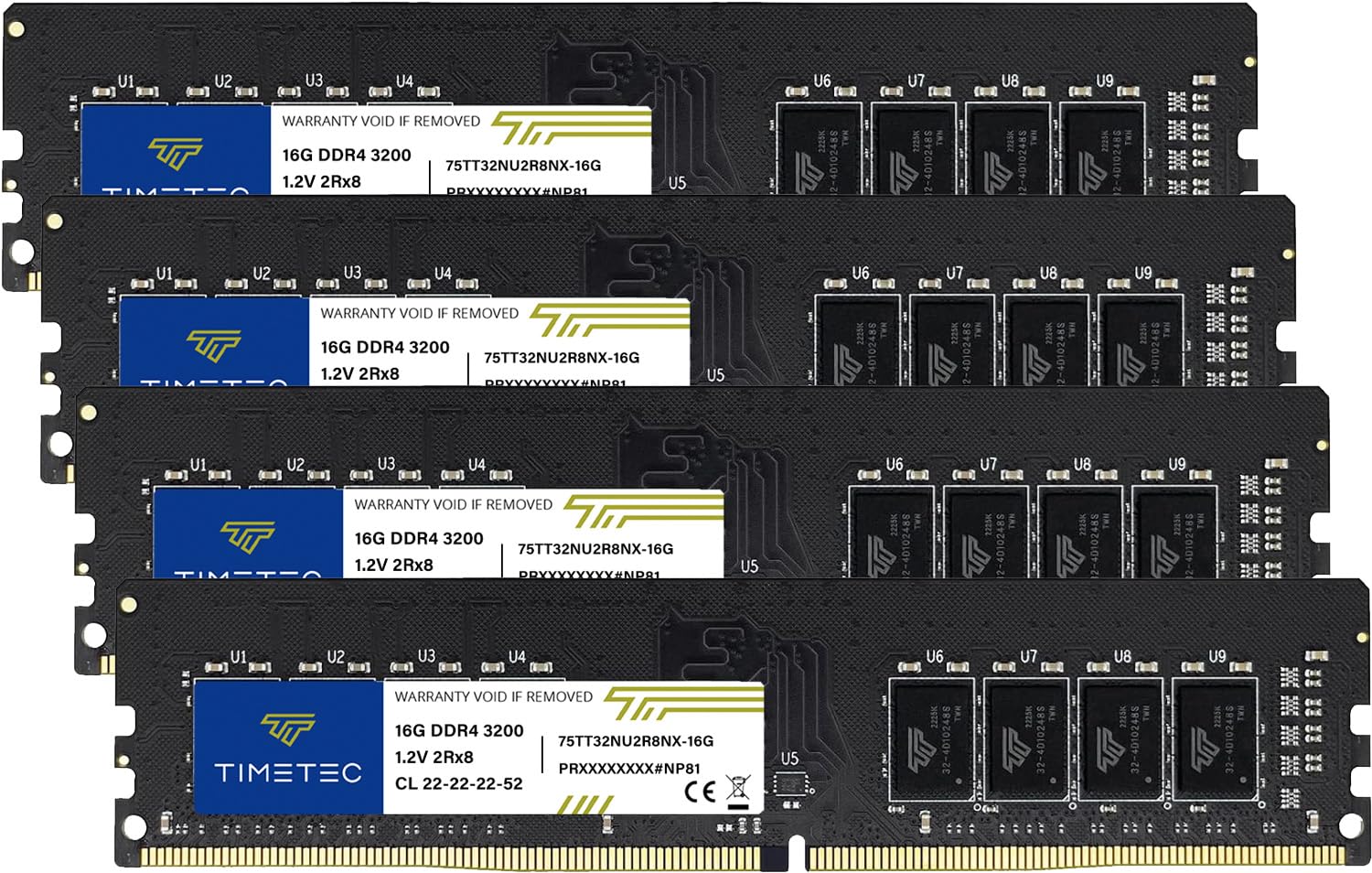 Timetec 64GB KIT (4x16GB) DDR4 3200MHz (PC4-3200AA) PC4-25600 UDIMM Desktop RAM – 288-Pin 1.2V CL22 Non-ECC Unbuffered DIMM Memory Module Upgrade