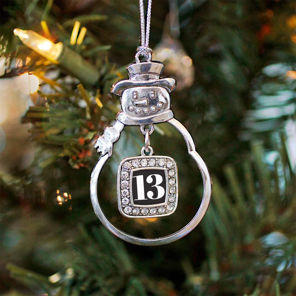 Inspired Silver - Sport Number 13 - Silver Christmas Ornament - Square Charm Christmas Tree Ornament with Cubic Zirconia - Snowman Hanging Decoration