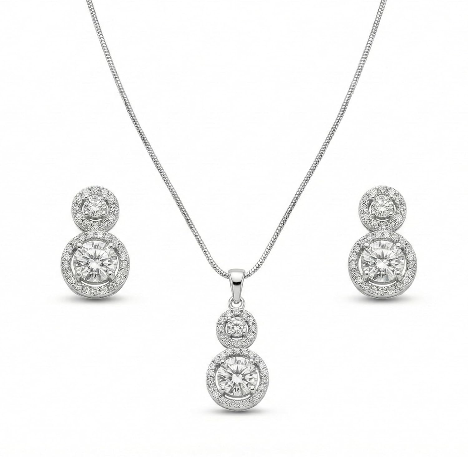 Rhodium Plated CZ Halo Pendant Set for Women|Double Circle Design|Lightweight Everyday Wear Jewelry-OSAK001-IRWE PDER