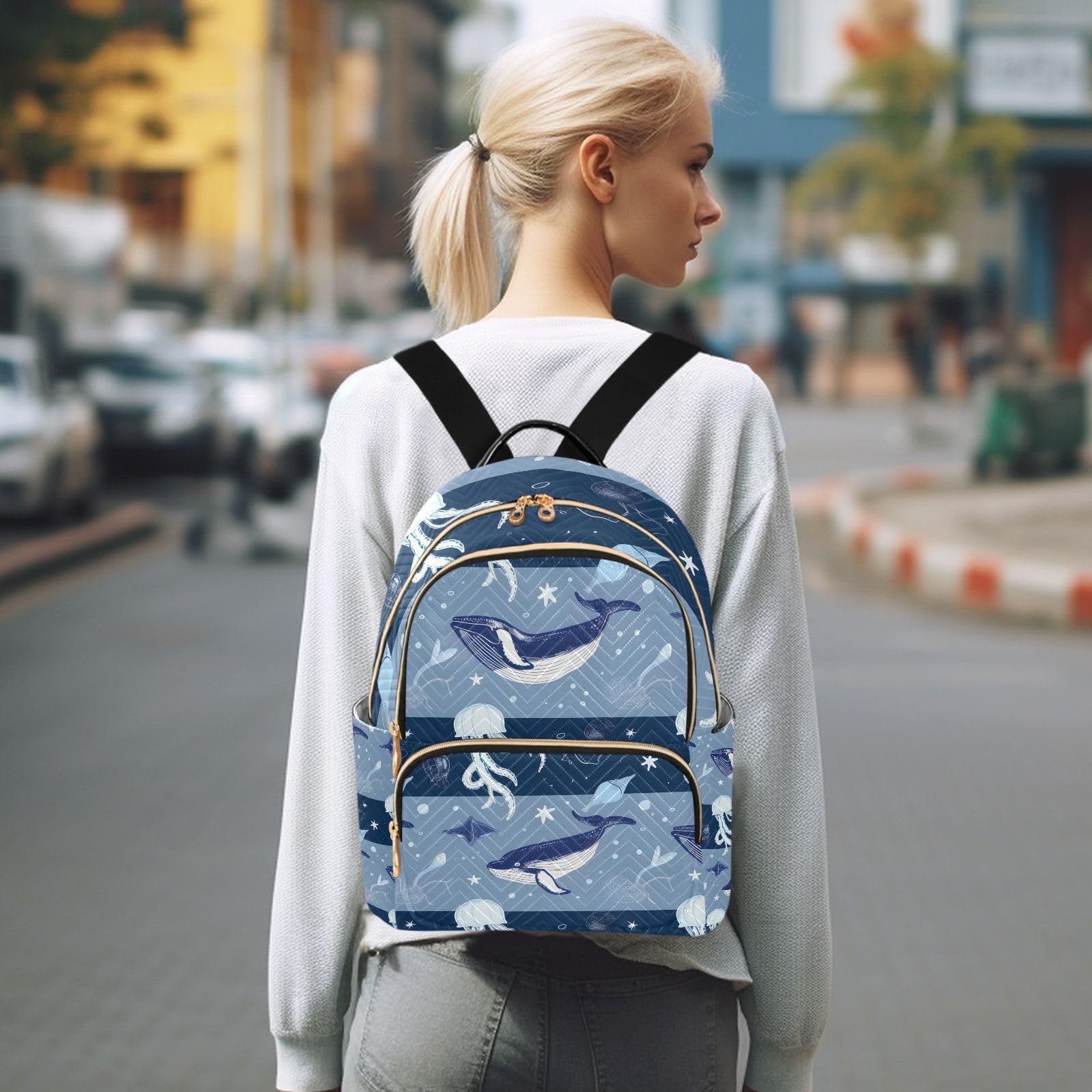 ALAZA Small Backpack Purse Jellyfish Striped Blue Ocean Map Quilted Backpack for Women Teen Girls Fashion Daypack Ladies Bookbag Travel Work Daily Rucksack