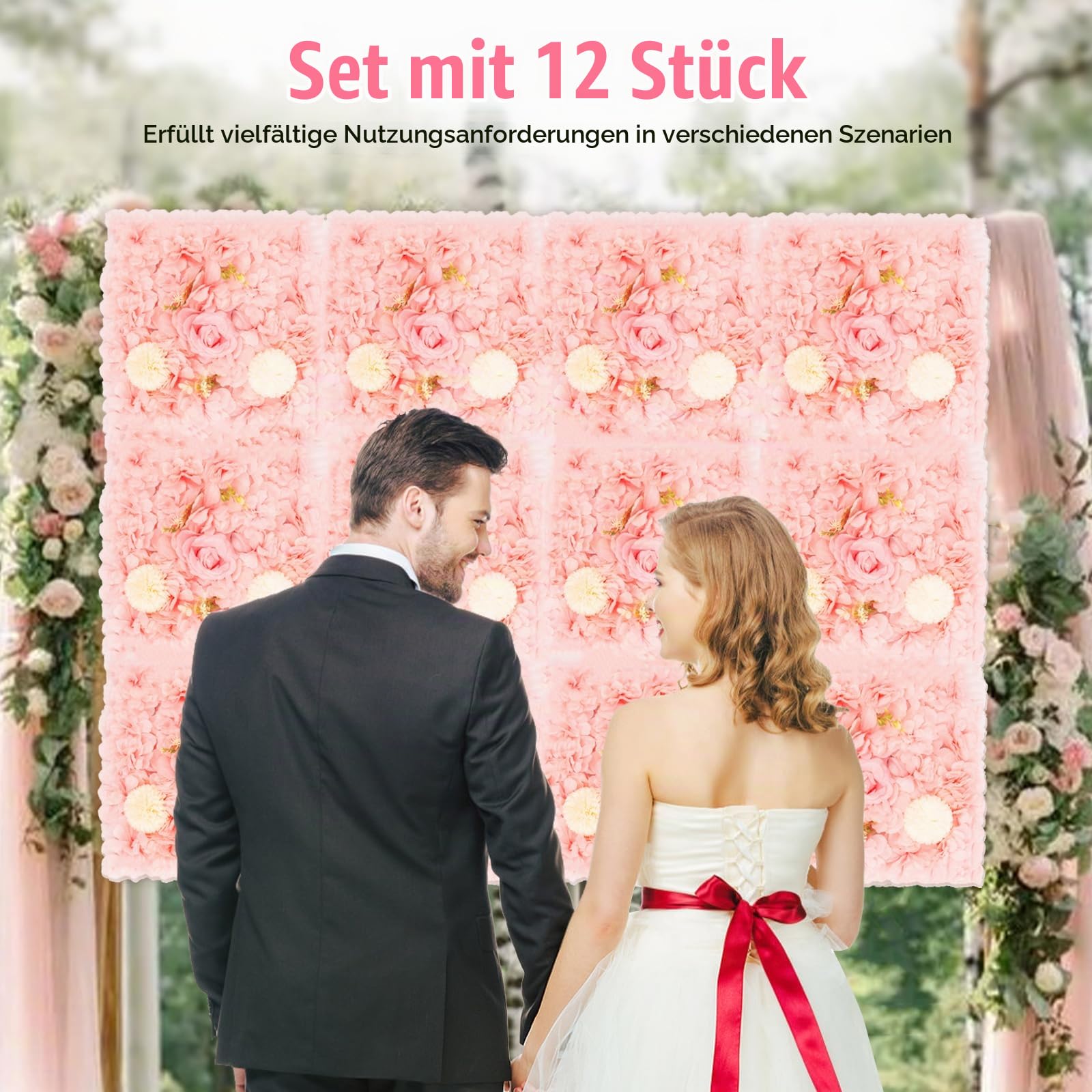 12 Stück Künstliche Blumen Wand aus Kunststoff und Seidengewebe, 3D Künstliche Blumen-Wandpaneel Rosen Deko Blumen, 38 x 38 cm Rosa Blumen Wand Dekor für Dekoration Hochzeit Party (5K)