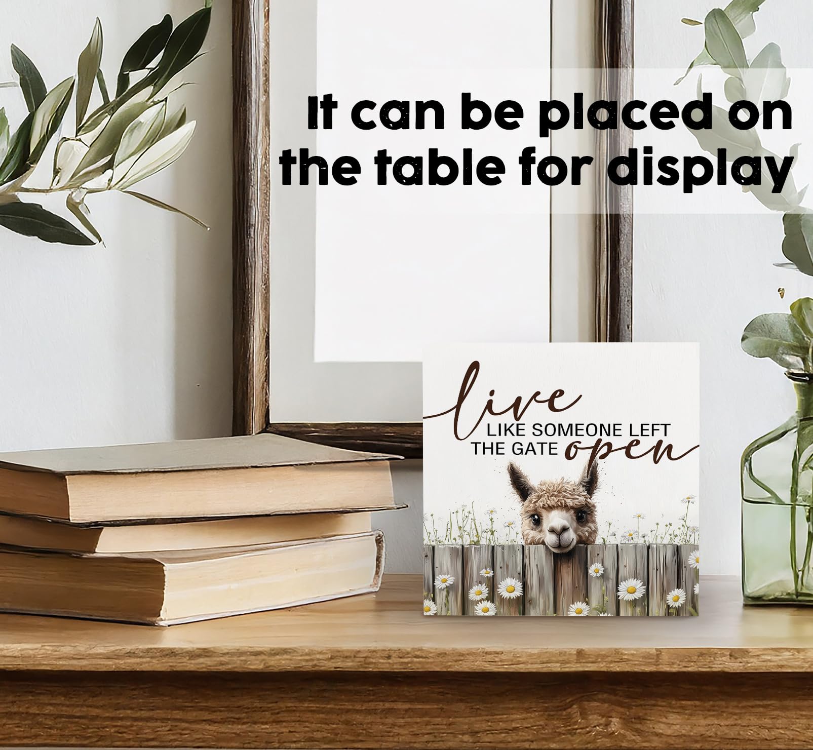 Letreros de madera de alpaca con texto en inglés "Live like Someone Left the Gate Open", decoración rústica para el hogar, regalos de alpaca para mujeres