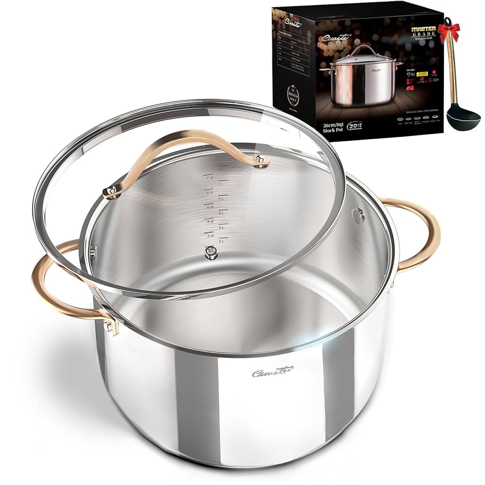 8 Quart Stock Pot, 3 Ply Whole Clad Stainless Steel Stock Pot, 8 QT Cooking Pot with Lid, Induction Pot for Cooking, 18/10 Stainless Steel Cookware Stockpots Oven, Gas and Dishwasher Safe
