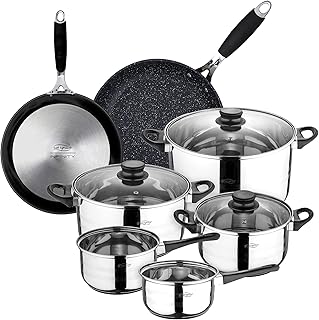 SAN IGNACIO Batterie de cuisine 8 pièces en acier inoxydable avec set de poêles (20 et 24 cm) en aluminium forgé, induction