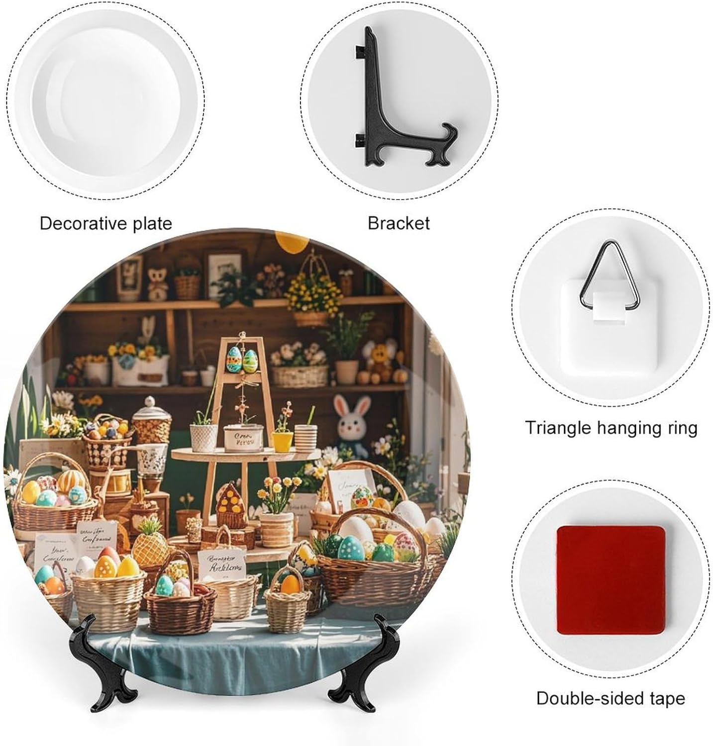 Easter Bonus Printed Bone China Decorative Plate with Display Stand Ceramic Wall Decor Plates Porcelain Dishes Dinner Plates Art Crafts Ceramic Ornaments 8inch