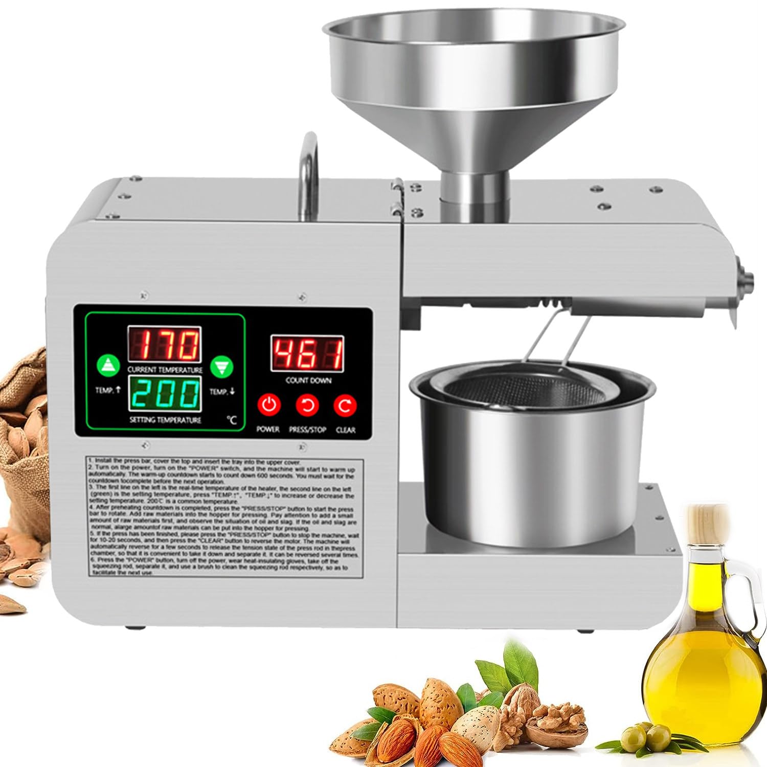 MYUYEE 820W Commercial/Household Automatic Oil Press Machine Stainless Steel Oil Extractor Cold/Hot Oil Maker Machine Intelligent 40-240℃ ()