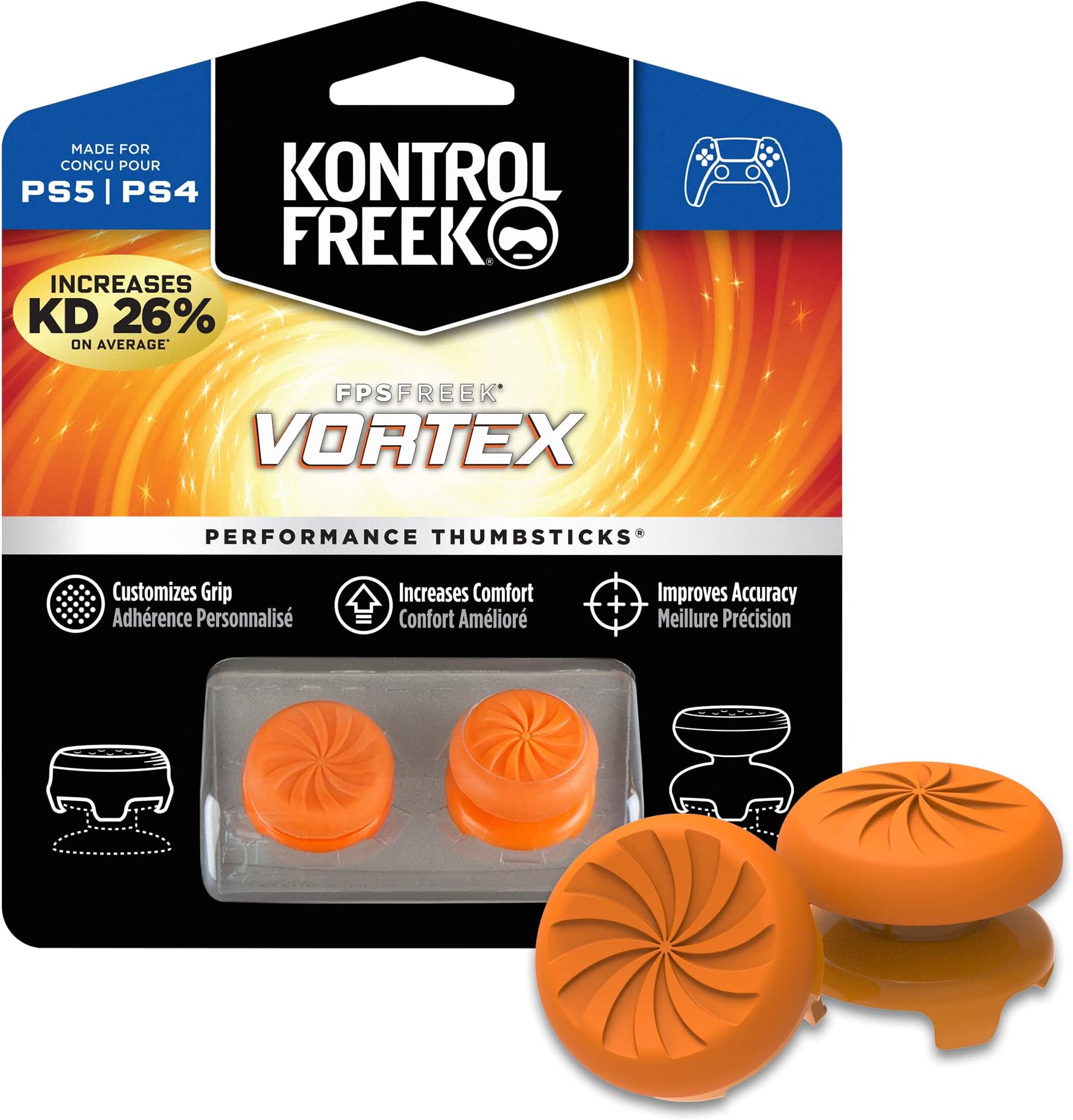 FPS Freek Vortex for PlayStation 4 (PS4) and PlayStation 5 (PS5) | Performance Thumbsticks | 1 High-Rise Convex, 1 Mid-Rise Concave | Orange [playstation_4]