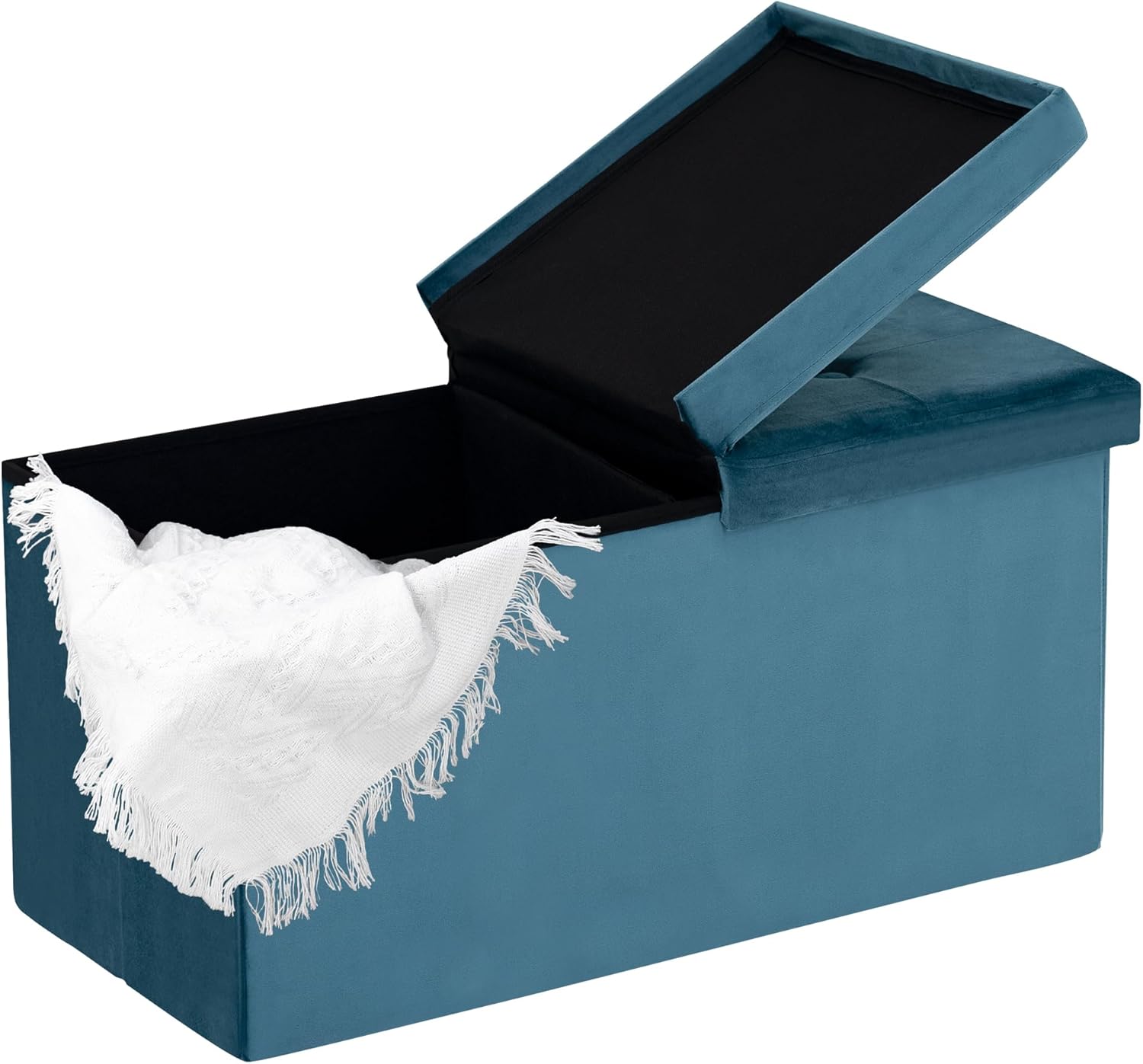 CAROLMADE 30 Inches Storage Ottoman Bench with Flipping Lid, Velvet Foldable Storage Footrest, Ottoman with Storage for Living Room Holds up to 330lbs, Teal