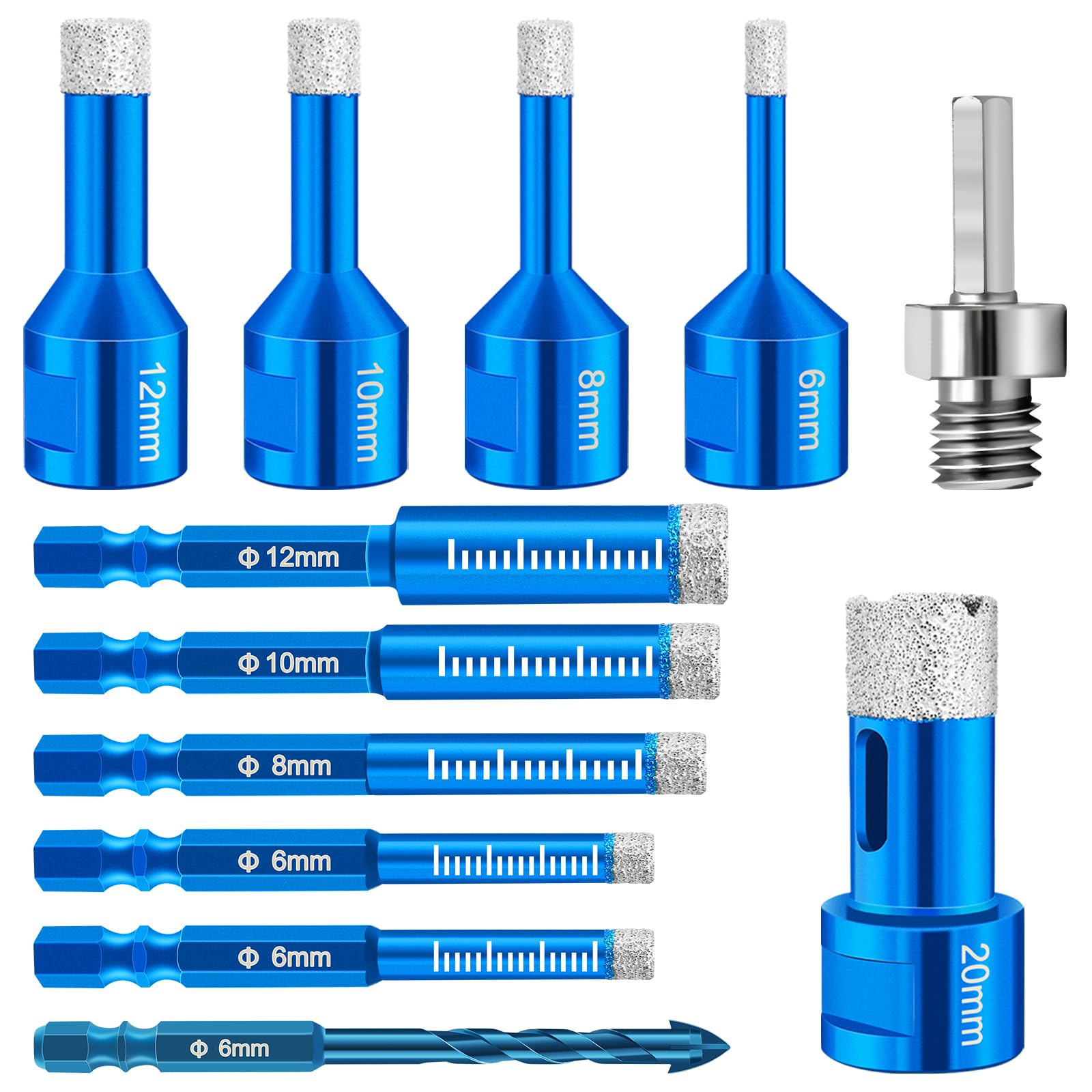 Diamant Fliesenbohrer 6mm, 5 Stück M14 Fliesenbohrer 6/8/10/12/20mm + 6 Stück M6 Sechskantschaft Diamantbohrer 6/6/8/10/12mm + 1 M8 Adapter, Diamantbohrer Fliesen Set für Granit,Glas,Fliesen,Marmor