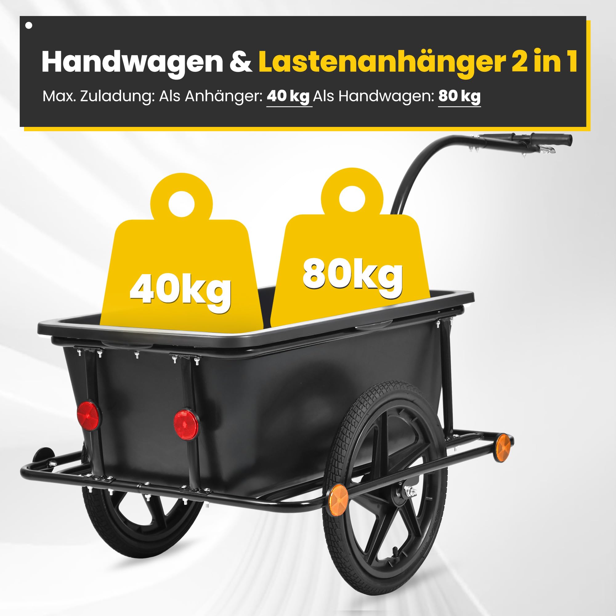 SAMAX Lastenanhänger Fahrradanhänger 90 Liter 80 Kg mit Kupplung Schutzplane und Verbindungsschelle - Transportanhänger Fahrrad Anhänger Handwagen mit Kunststoffwanne in Schwarz - Mountain