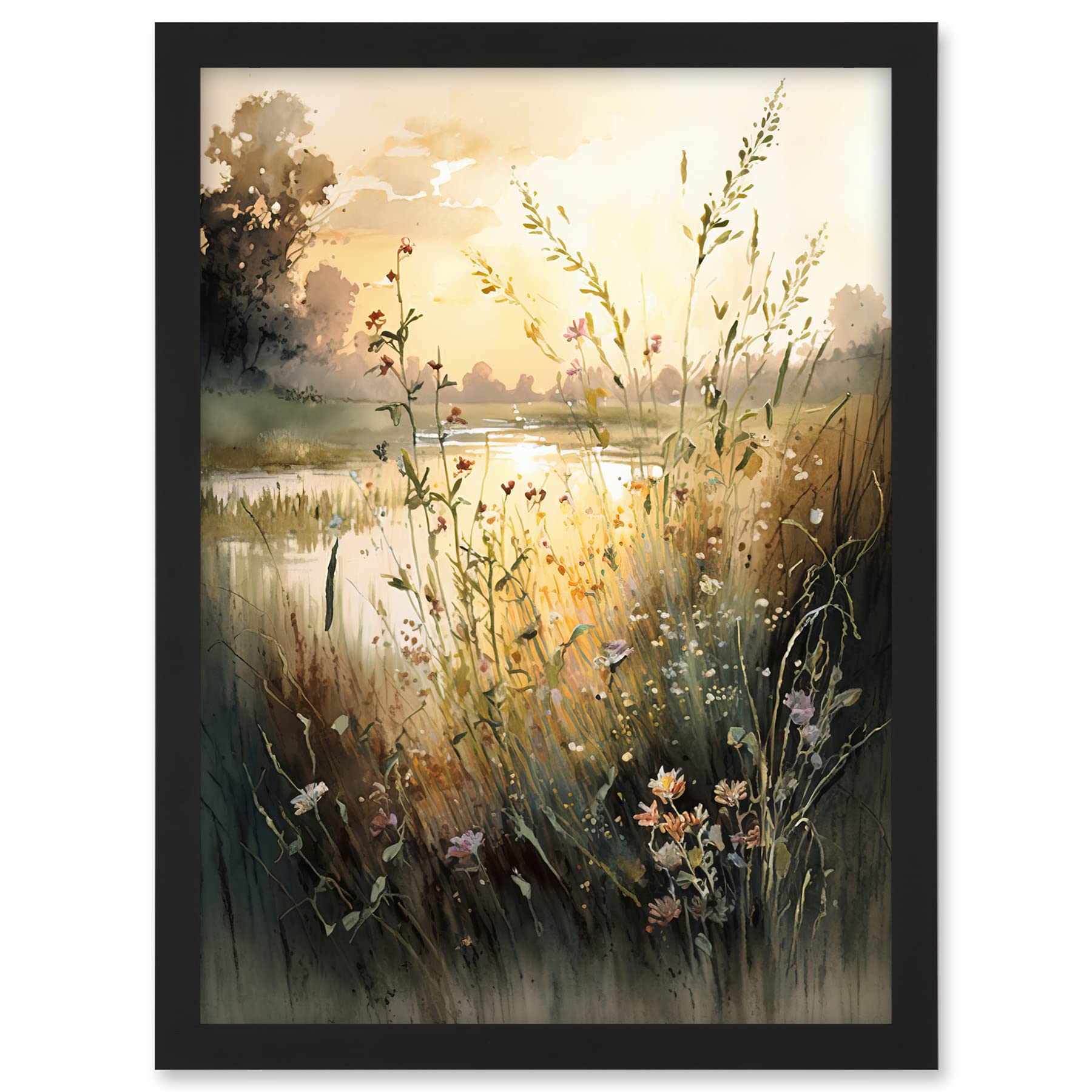 Artery8 Serene Lakeside Landscape with Wildflowers at Dawn Modern Watercolour Painting Artwork Framed A3 Wall Art Print
