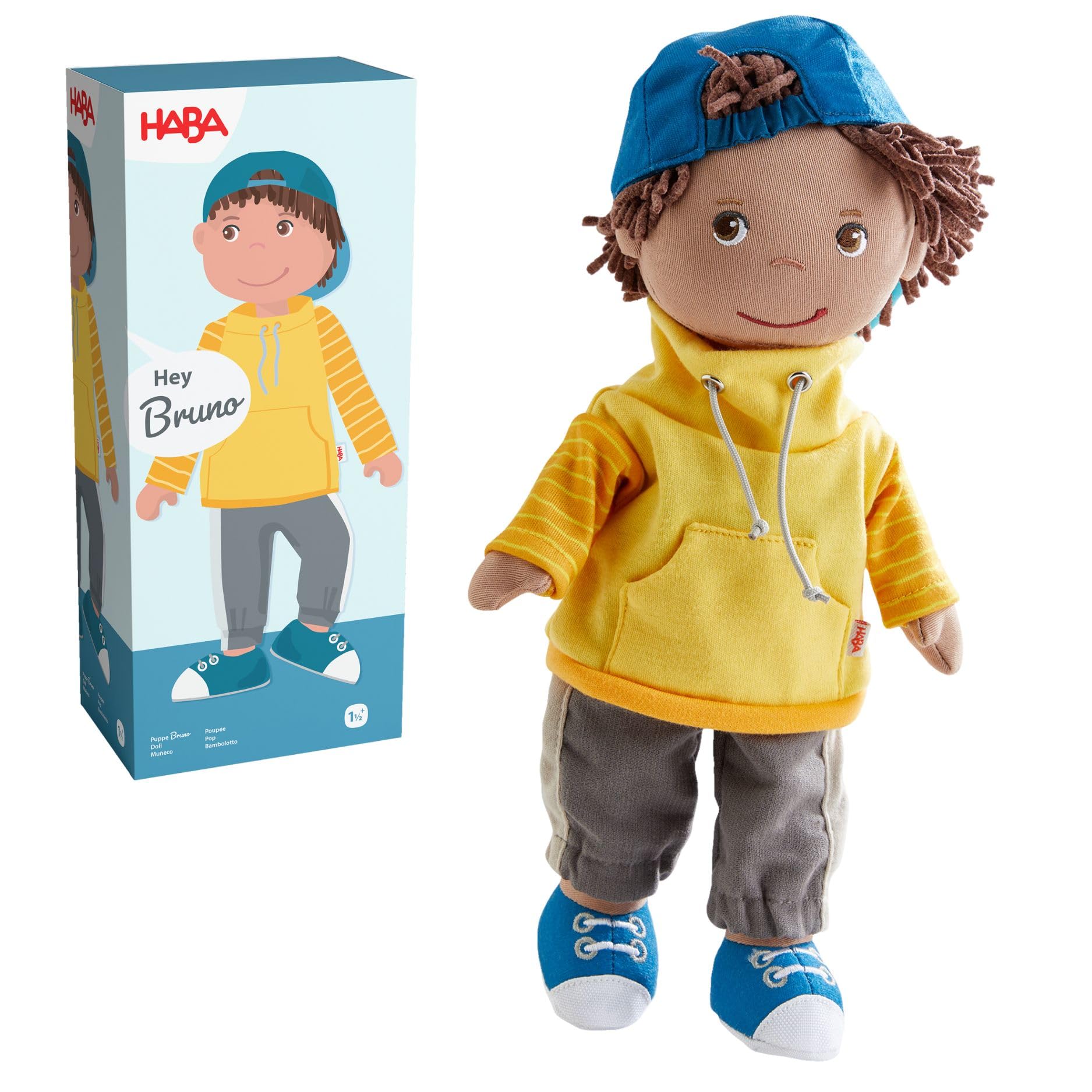 HABA Puppe Bruno – Coole 30cm Stoffpuppe für Kleinkinder – Kinderleicht an- und ausziehbar, pflegeleicht & waschbar – Ab 18 Monaten – 2014438001