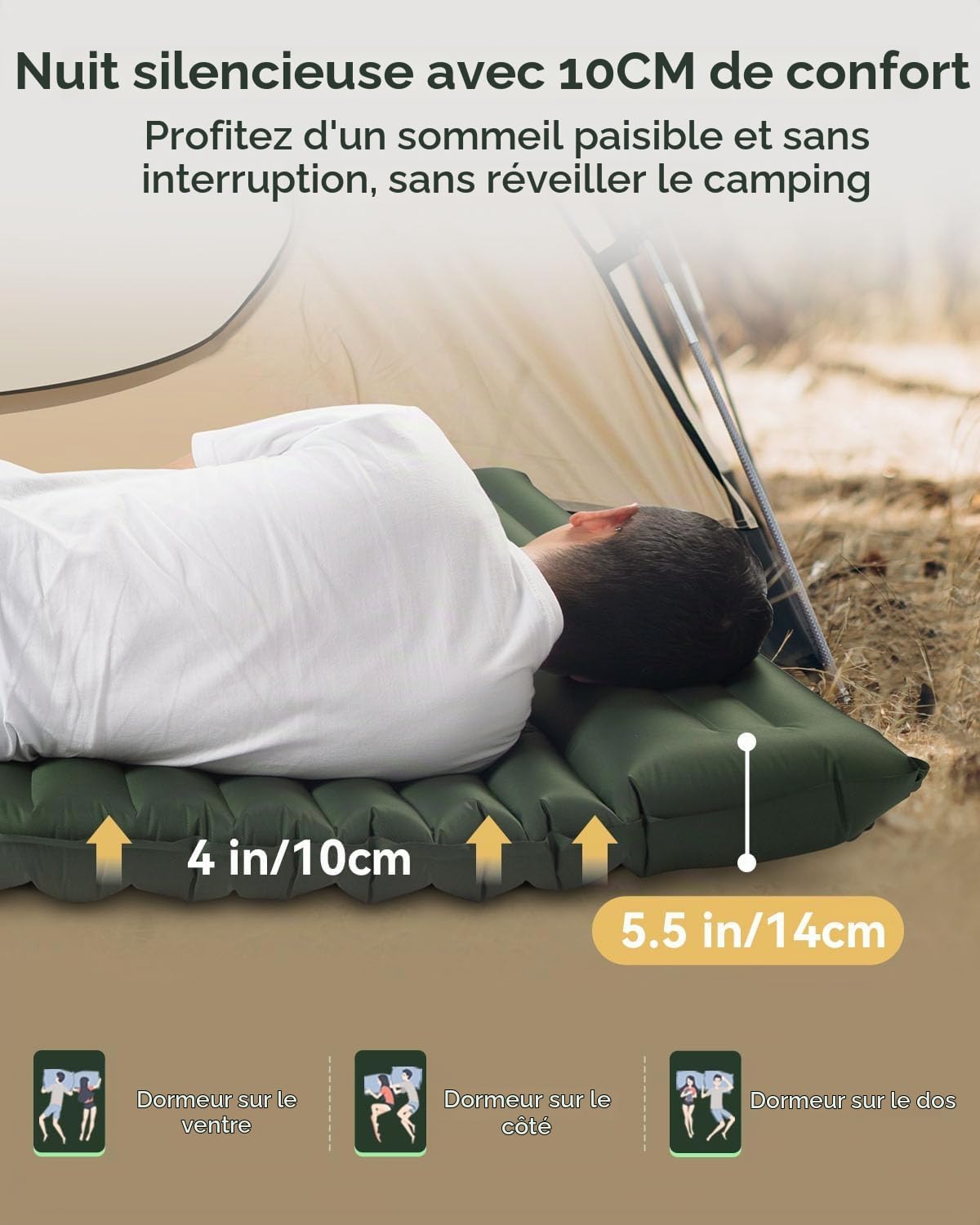 HIKENTURE Matelas de camping pour 2 personnes, 10 cm, double matelas isolant gonflable avec coussin, tapis de couchage de camping autogonflant 140 cm avec pompe à pied, pour camping, extérieur,