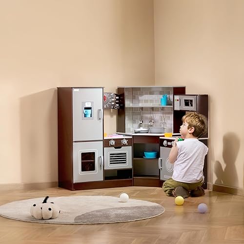Miniatura 8 de VEVOR Juego de cocina interactivo de madera para niños con luces y sonidos, diseño de esquina con máquina de hielo, horno, fregadero, reloj,