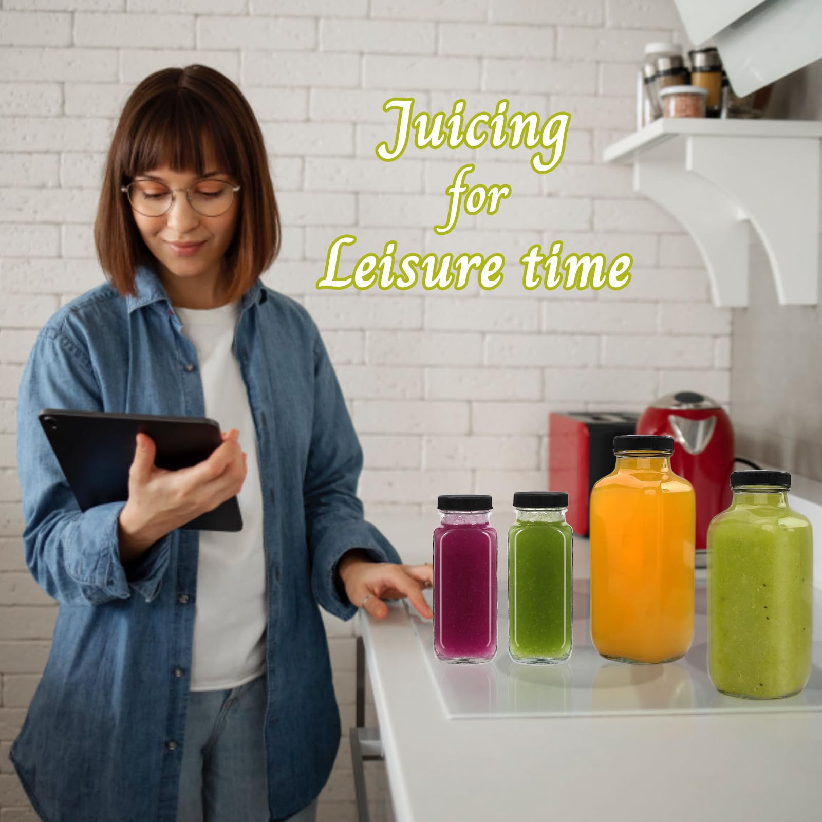NEWMIAO Paquete de 12 botellas de jugo de vidrio de 8 onzas con tapas, botellas de vidrio reutilizables, recipientes de jugo de 250 ml con cepillo, botellas de agua para leche, jugos, kombucha,