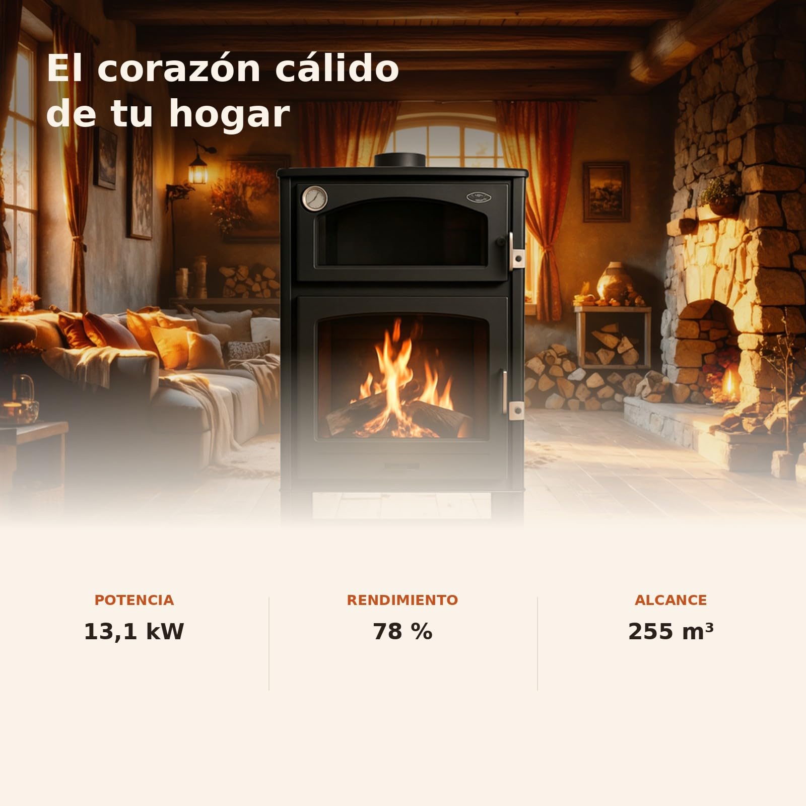 EIDER BIOMASA Estufa de Leña con Horno ASTON – Chimenea de Leña Interior – 10,2 kW (máx. 13,1 kW) – Rendimiento 78% – Hasta 255 m³ – Doble Combustión – Certificada CE