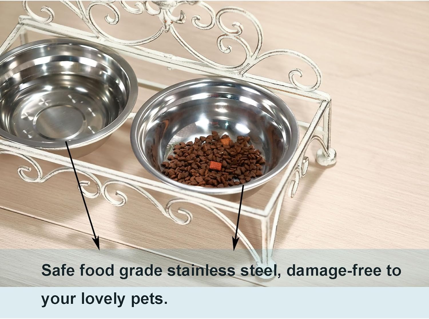 Iron Dog Cat Bowls Elevated - Dog or Cat Food and Water Dish Bowl Set - Raised Small Dog Cat Bowl Stand - Antique White