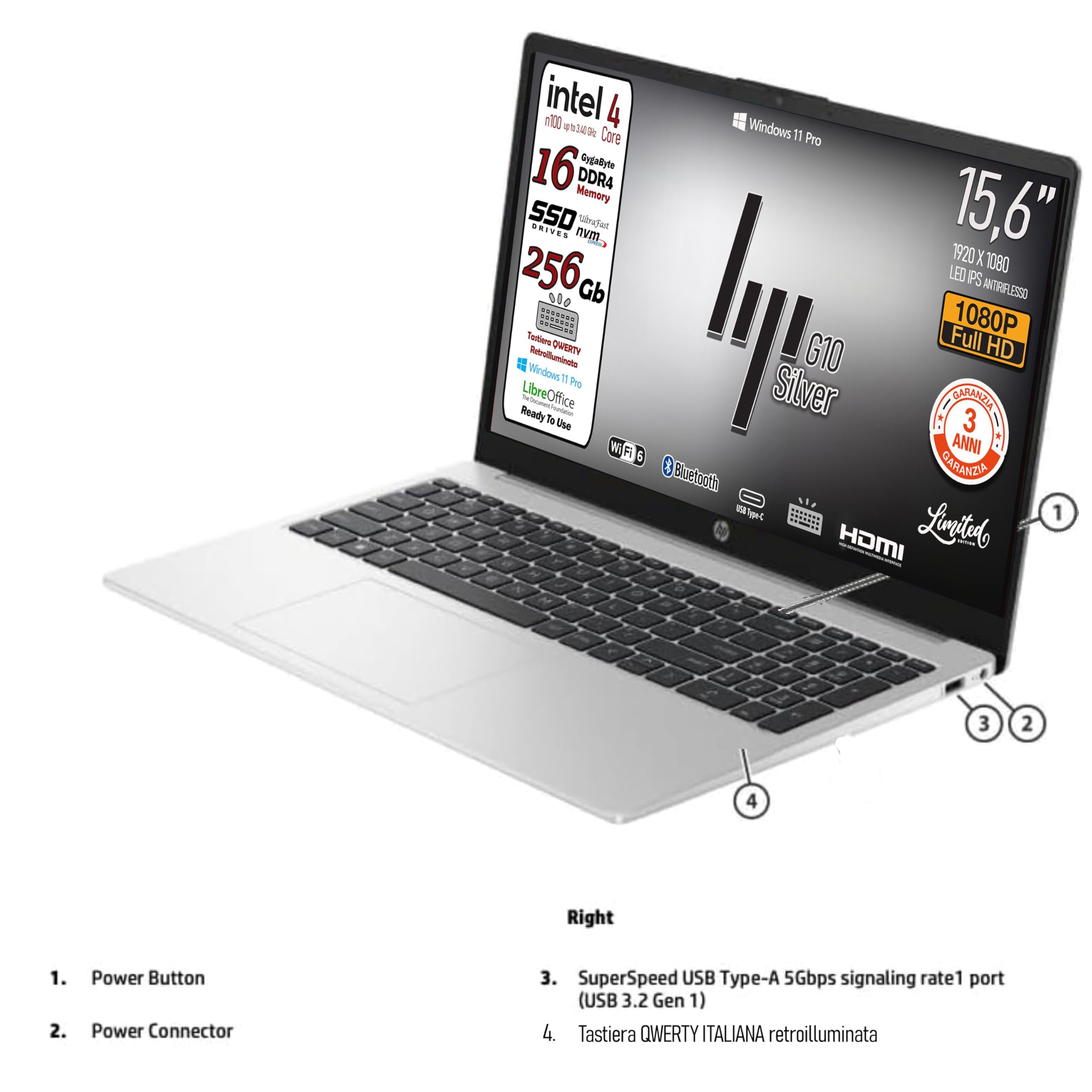 HP 250 G10 Series Notebook Portatile, SSD, Display FHD da 15.6", Cpu Intel 4core N100, Ram 16Gb, Wi-fi 6, 3 usb, webcam HD,tastiera retroilluminata, Win11 Pro, pronto All'uso, Garanzia Italia 3 anni