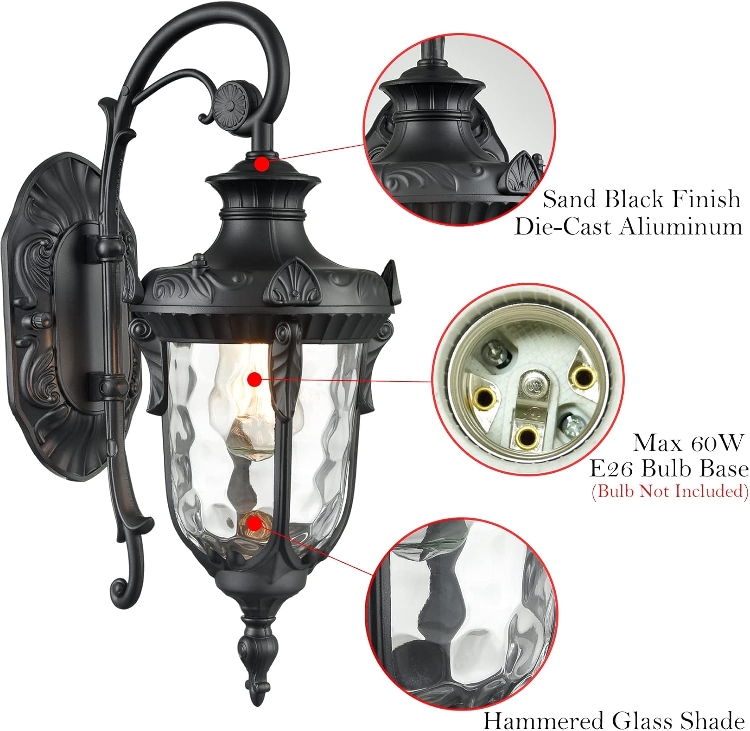 SAMTEEN Black Outdoor Wall Light Fixtures Modern Farmhouse 1-Light Outdoor Wall Sconce with Hammered Glass Wall Lantern Light for Porch Garage Courtyard, 16-Inch