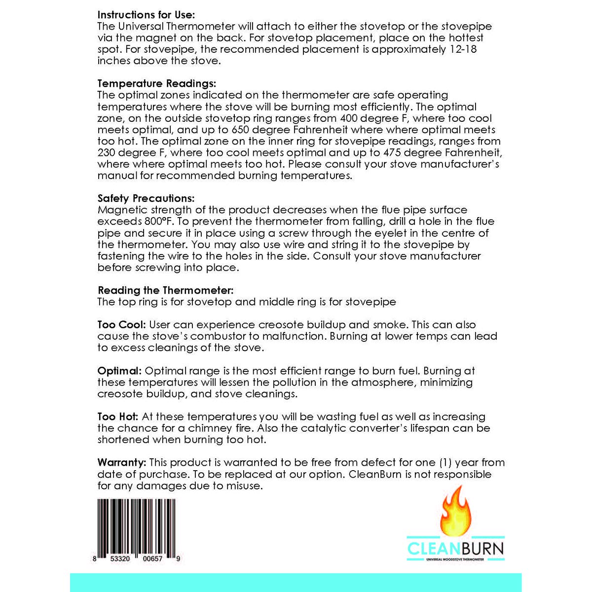 CleanBurn Magnetic Wood Stove Thermometer, Easy 'Place & Go' Setup, with 3-Sectional Gauge for Quick Adjustment, Wood Stove Thermostat