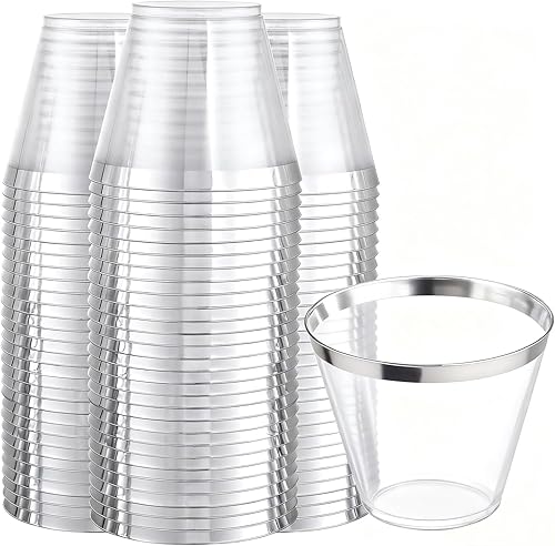 Ciaell 200 vasos de plástico plateados, vasos de plástico resistentes de 9 onzas, taza con borde plateado, taza transparente desechable con borde