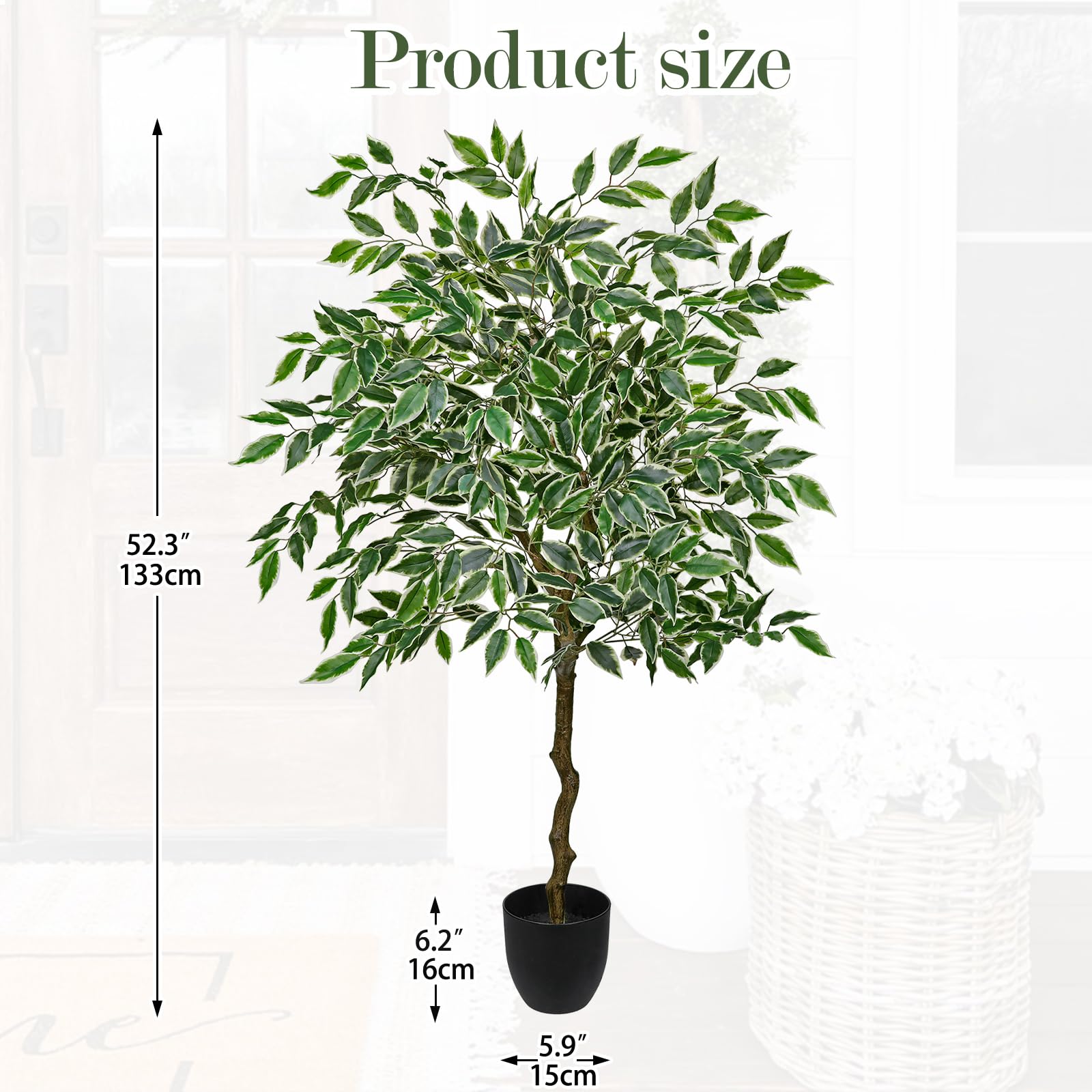 Hollyone Ficus Plante artificielle, 130 cm, grande plante artificielle, comme de vraies plantes en plastique, en pot, vert, blanc, arbre artificiel pour salon, bureau, jardin