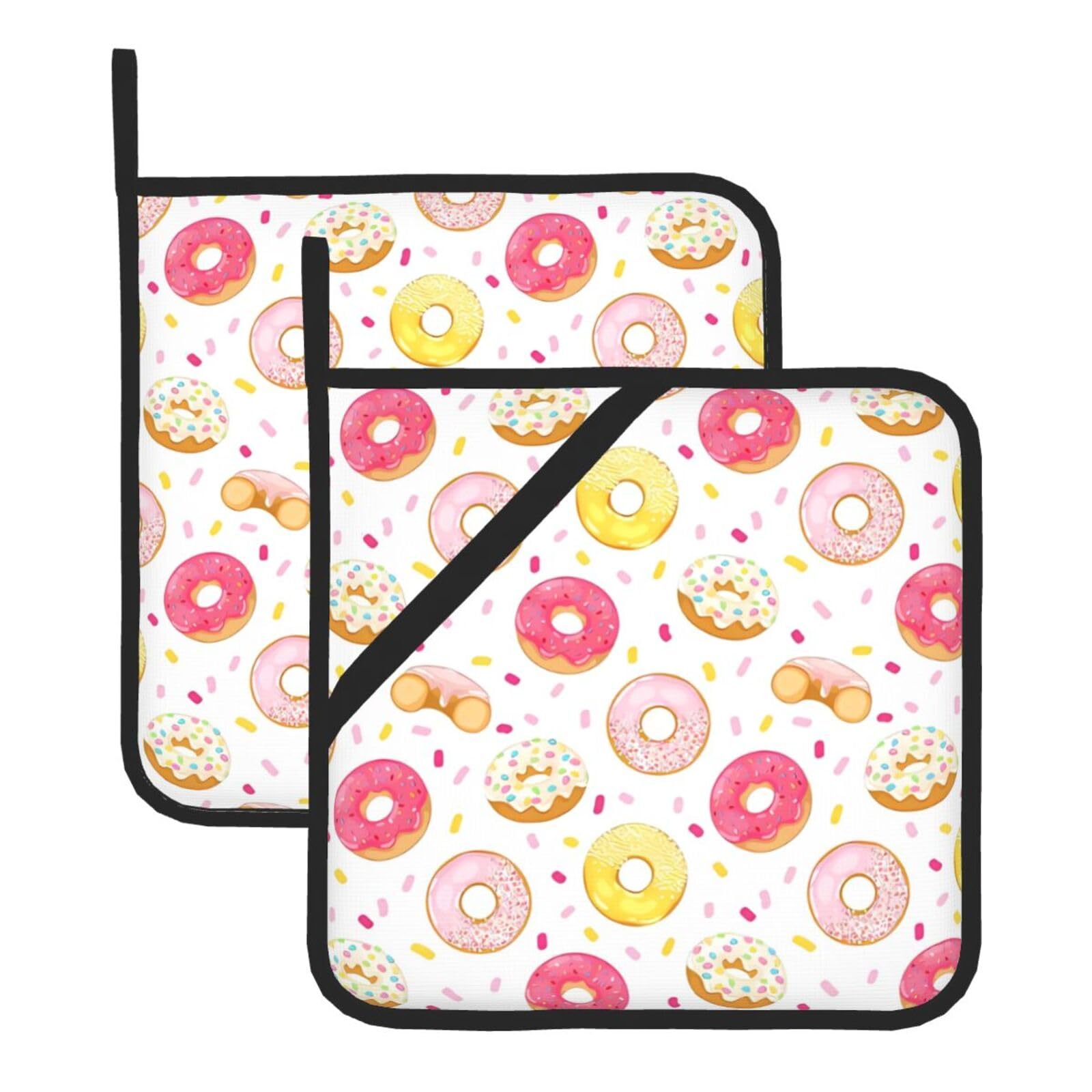 YYHWHJDE Donut Prints Square Hot Pads for Kitchen Counter - Waterproof Pot Holders, Durable Oven Mitt Layers with Hanging Loop, Heat Resistant Trivets (2-Pack)