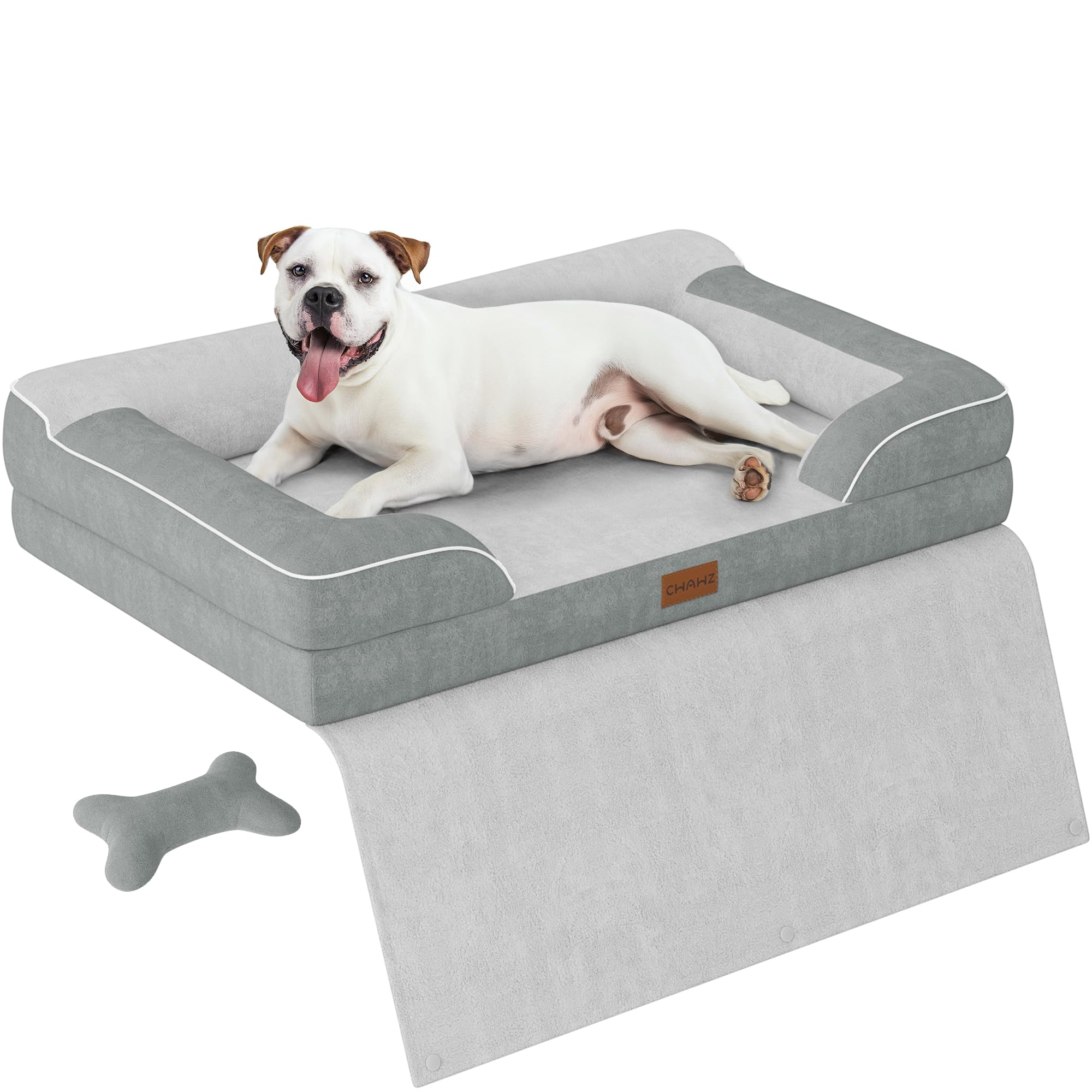 CWAWZ Dog Beds for Large Dogs, Orthopedic Pet Bed with Cooling Gel Memory Foam, Waterproof Large Dog Beds with Removable Washable Cover, 36" Pet Sofa Dutch Velvet with Blanket Bone Toy, Light Gray