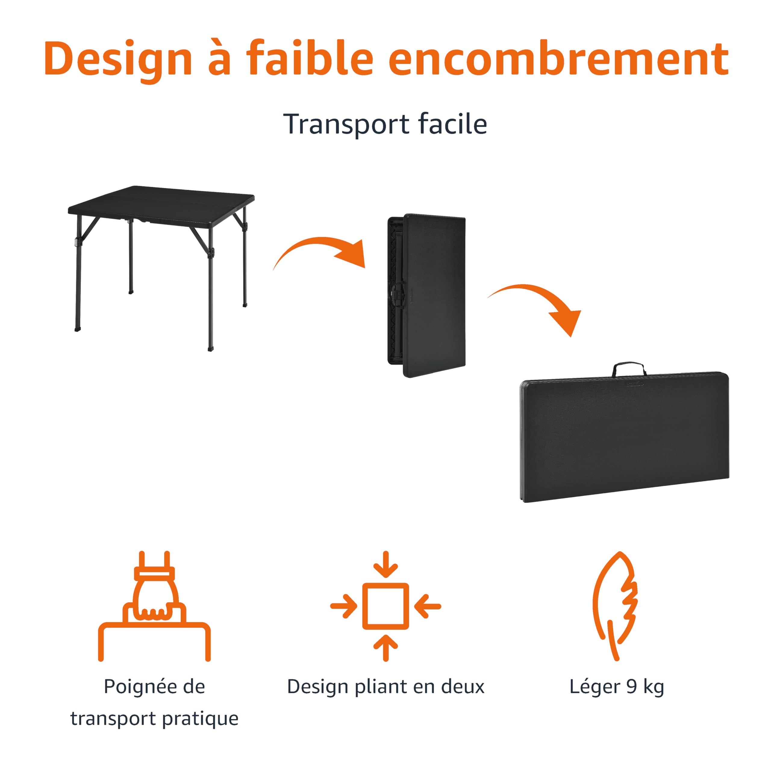 Amazon Basics Table à manger pliante carrée avec poignée de transport, pour intérieur et extérieur, portable, légère, voyage, pique-nique, camping, noir, 86.1 x 86.1 x 74 cm